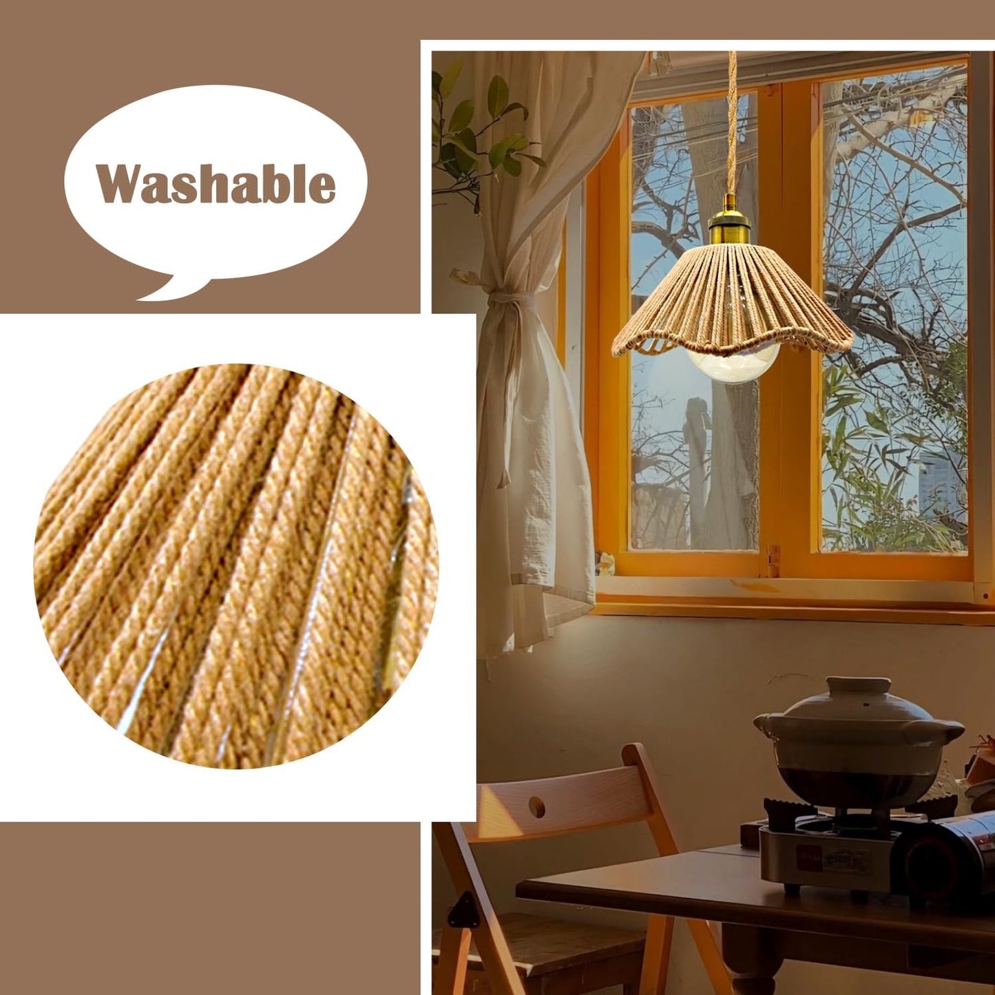 Plug in Pendant Light, E26/E27 Socket Hanging Lights, Hand Woven Hemp Rope Shade 16.7ft Cable with Switch and Plug Bohemian Hanging Light Fixture Vintage Rustic Chandelier (No Bulb)