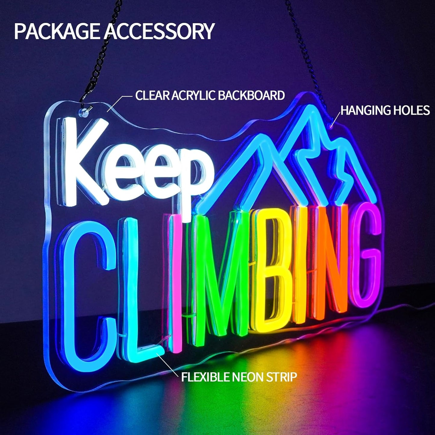 Keep Climbing Neon Sign for Classroom Dimmable Gym Sports Neon Light Sign for Wall Decor Led Signs for Bedroom Office Party Man Cave Gamer Room Decor Gift 16.5" x 8.6"
