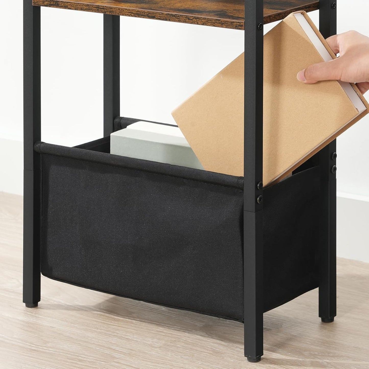 HOOBRO Small Narrow Side Table, Skinny End Table with Charging Station, Extra Slim Nightstand with Storage for Small Spaces, Thin End Table for Living Room, Rustic Brown and Black BF125UBZ01
