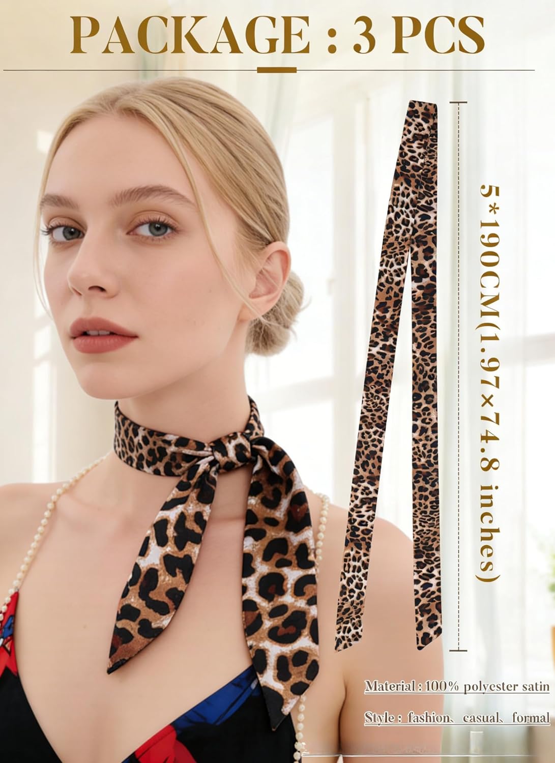 CHLINS 3 Pcs Head Scarves for Women Leopard Purse Bag Scarfs for Handbags Long Skinny Hair Band Neck Scarf for Women Girls