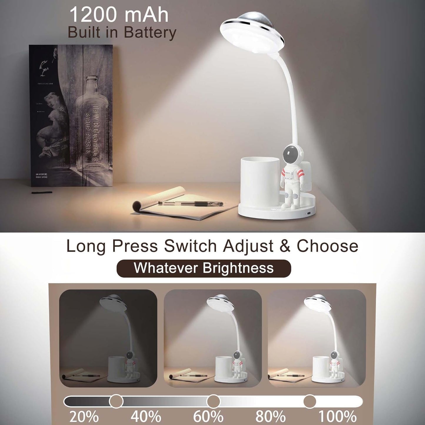 Astronaut Desk Lamp for Kids,Star Space Projector Space Rocket Lamps,Astronauta Lights with Pen Holder,Step-Less Dimming Lighting,Eye-Care Reading Small Desk Lamps for Bedroom,Gifts for Boys and Girls