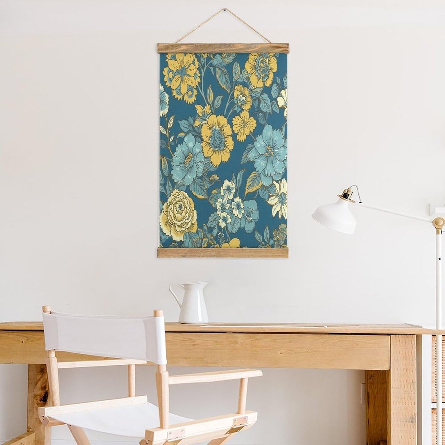 Vintage Blue And Yellow Flowers Poster with Wooden Frame Personalized Linen Hanging Scroll Painting Rustic Wall Hanging Illustrative Modern Artwork Decor for Home Living Room Bedroom Office