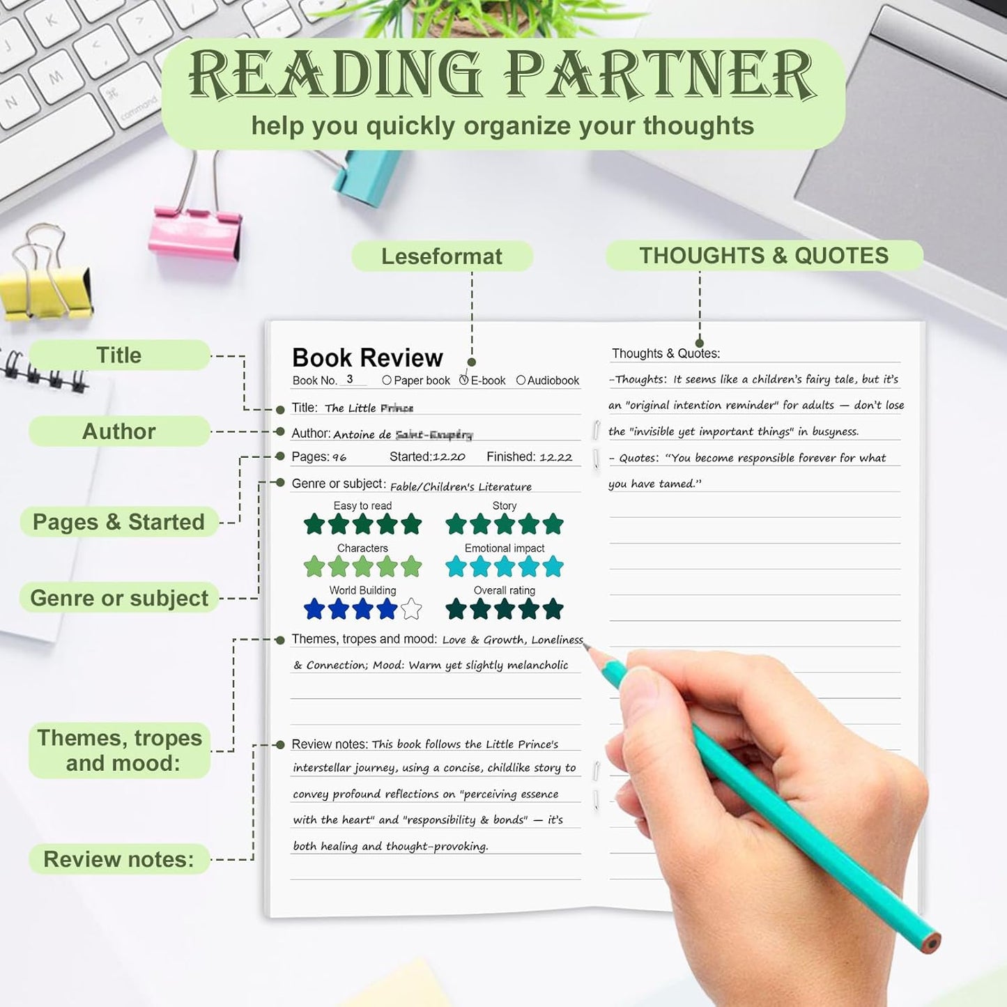 6 Pack Reading Journal for Book Lovers 18 Books Reviews Per Pack Reading Log Tracker with Review Pages Mini Book Journal 3.5" x 6" Bookish Gift for Readers Green 20 Sheets 80gsm Duplex Inner Pages