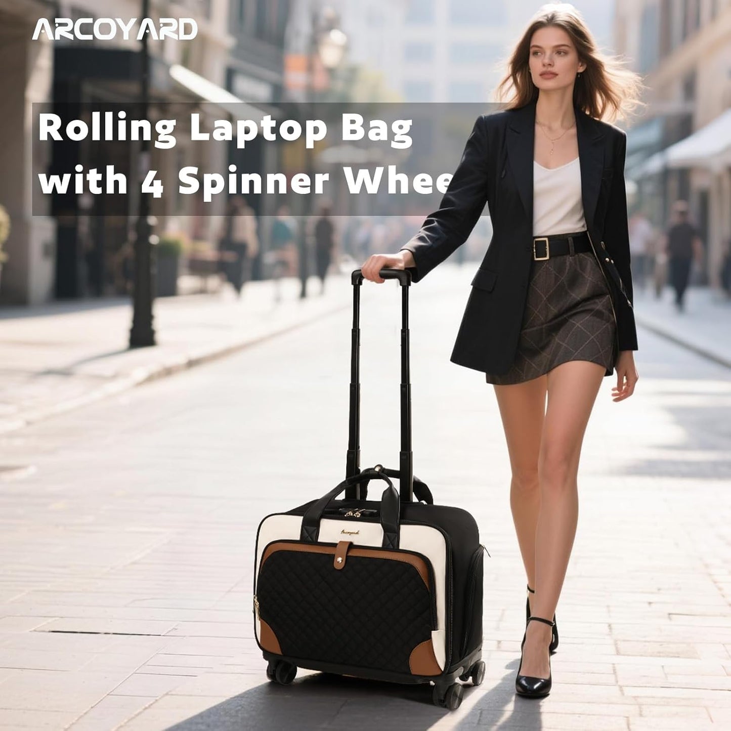 Rolling Laptop Bag with 4 Spinner Wheels, Rolling Briefcase for Women with Lock, 16 Inch Computer Bag with Telescopic Handle, Overnight Laptop Bag with Wheels for Work Travel Business, Beige Brown
