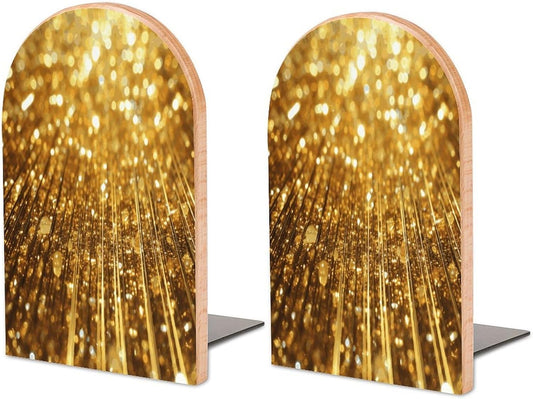 Gold Bling Bookend for Shelves Wooden Book End Large Size Sturdy Book Holders Stoppers with Metal Base for Bookshelves Slick Decorative Bookends Stands