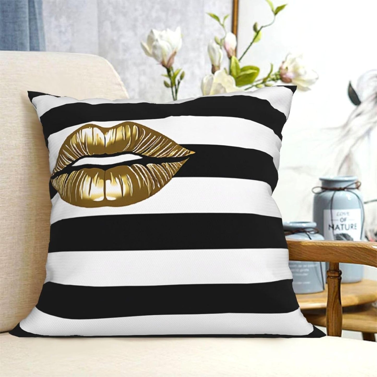 All-Season Square Pillow Covers 18"X18", Lips Black White Stripes, Decorative Throw Pillow Covers For Sofa Bed Couch, Hidden Zipper Cushion Cover, Square Lumbar & Accent Pillowcases For Home Decor