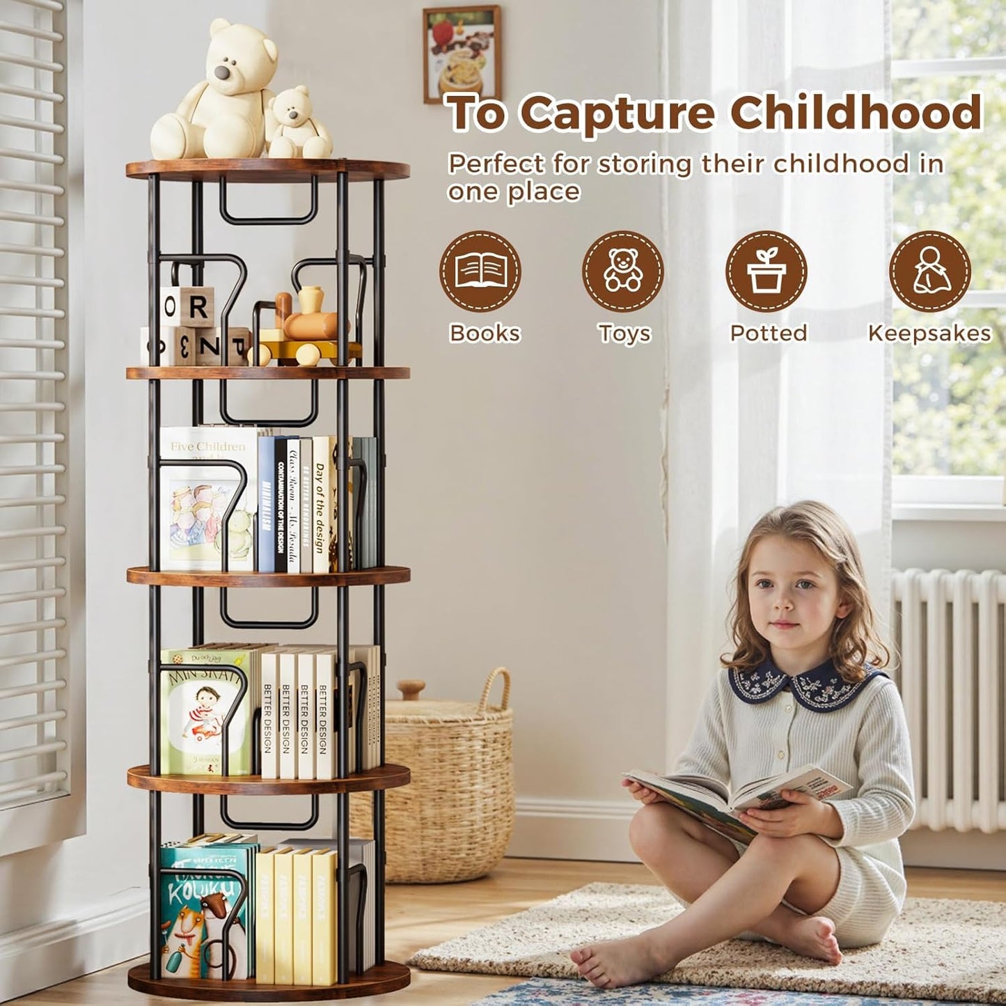 4 Tier Rotating Bookshelf Tower, 360° Display Round Bookcase, Floor Standing Corner Revolving Bookshelf Organizer Storage Rack for Small Spaces, Home Study Office, Black&Brown
