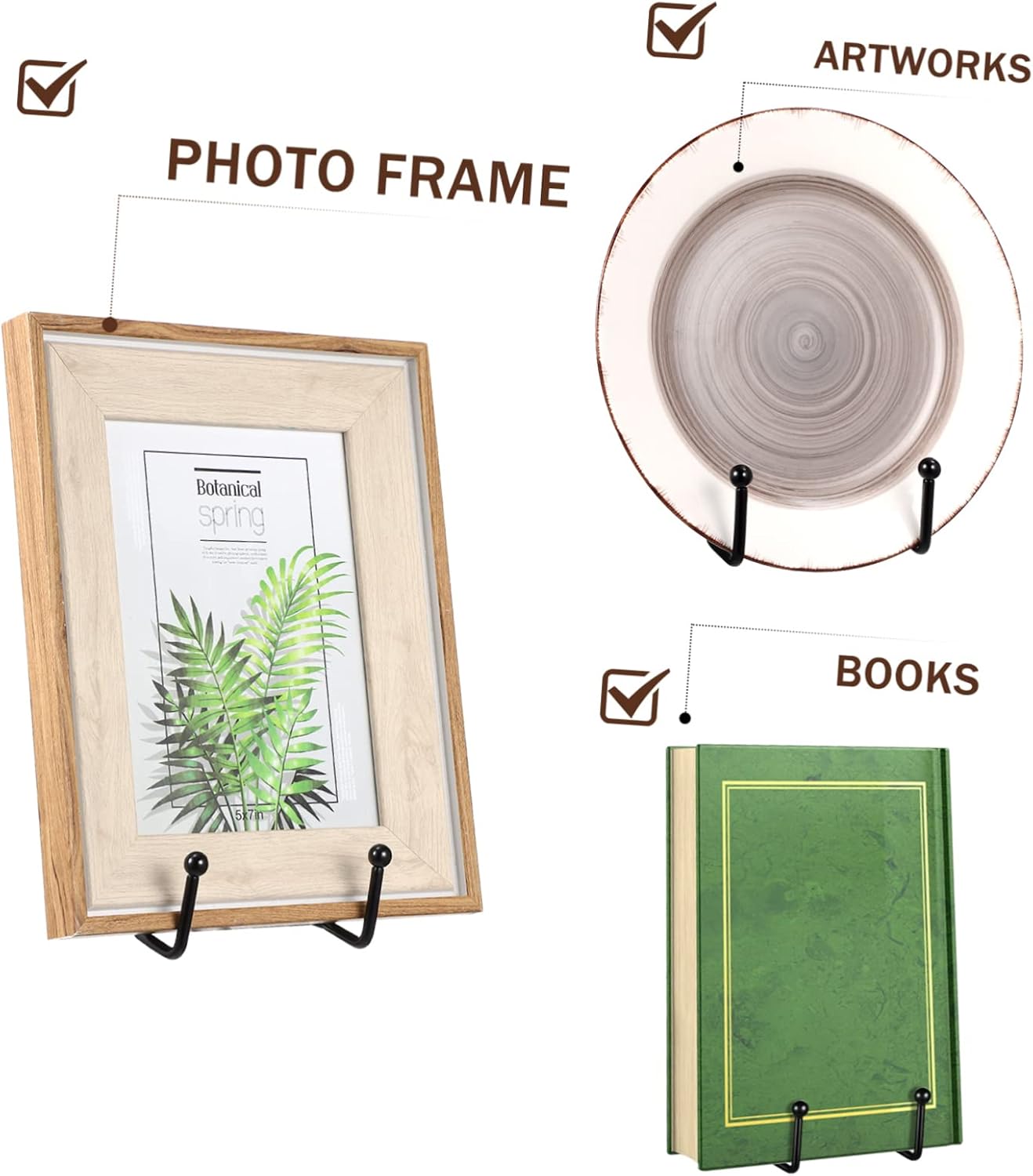 PRETYZOOM 4 Pcs Metal Plate Holder Display Stands for Dishes Photos Frames Books Sturdy Easel Design for Home Cafe Office Exhibition Use Matte Finish for Showcasing Decor