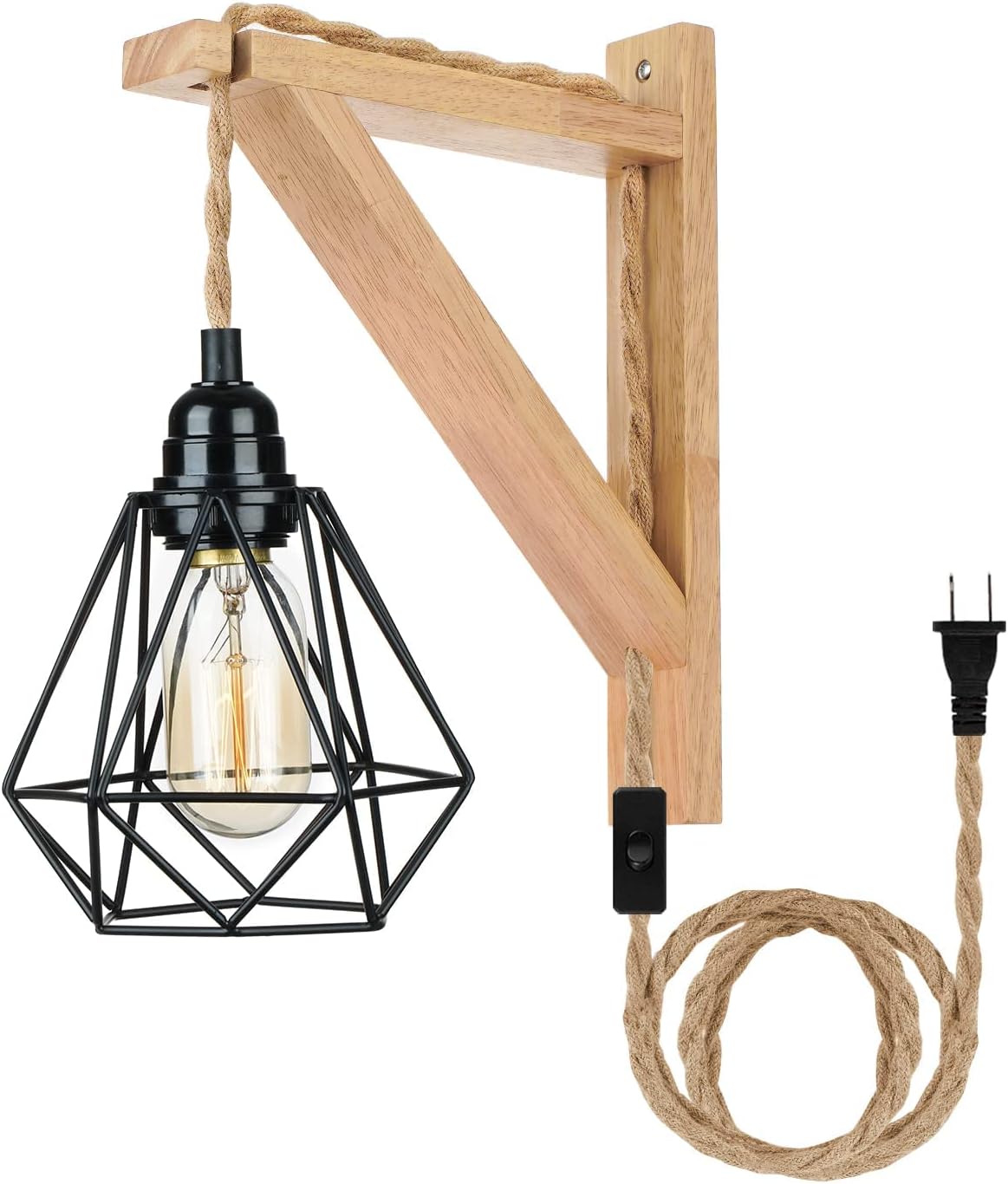 Frideko Hanging Lamps that Plug into Wall Outlet - Wall Lamp with Plug in Cord, Farmhouse Plug in Wall Sconces, Rustic Wall Mount Lamp with Wood Shelf Bracket & Switch for Hallway,Living Room