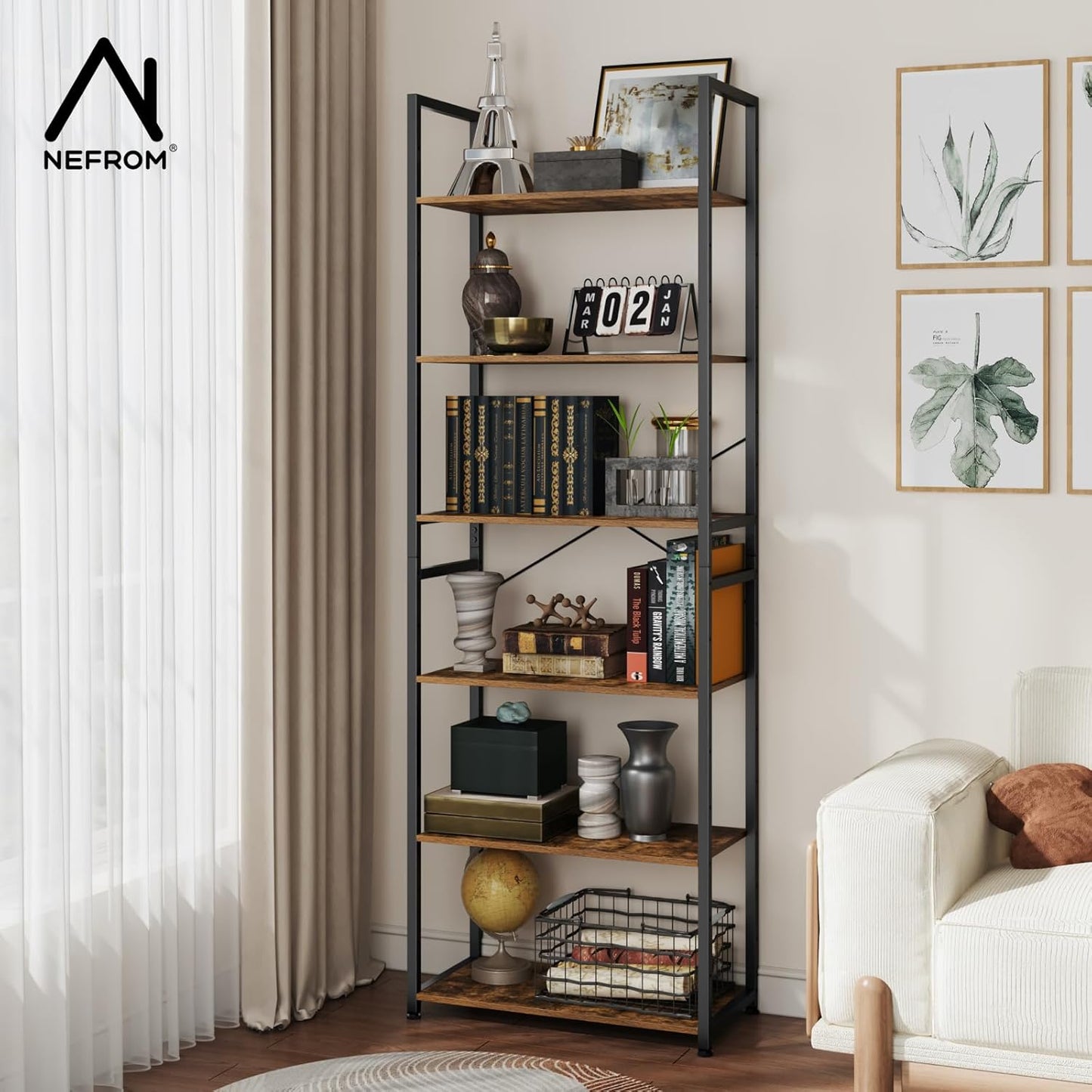 Book Shelf, Adjustable 6-Tier Tall Bookshelf, Wooden Bookcase Shelves for Bedroom, Living Room, Display Shelf for Home, Office, Kitchen, Standing Shelving Unit Storage Organizer BC-BR-6