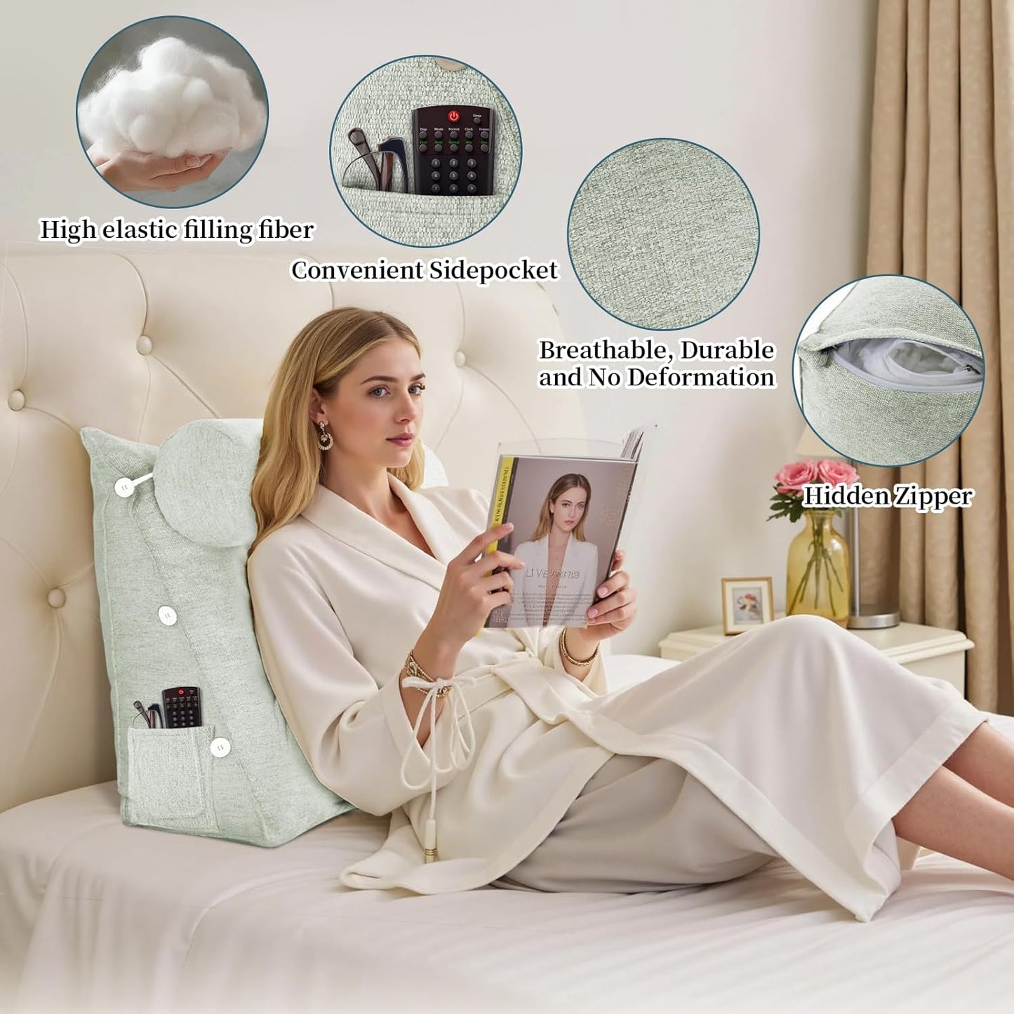 Wedge Reading Pillow — Adjustable Triangular Cushion, Removable Linen Cover, Lumbar & Neck Back Support