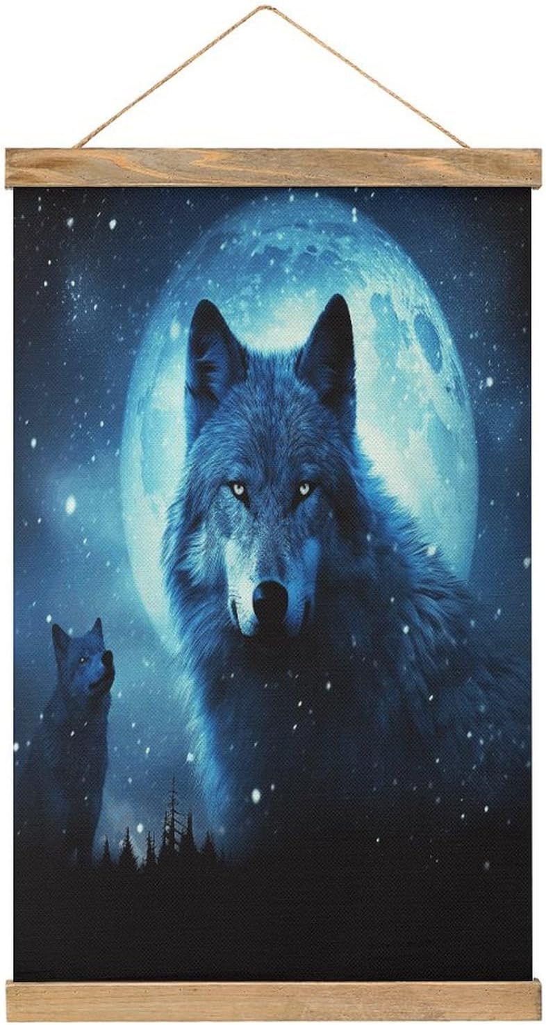 Vintage Wolfs Poster with Wooden Frame Personalized Linen Hanging Scroll Painting Rustic Wall Hanging Illustrative Modern Artwork Decor for Home Living Room Bedroom Office