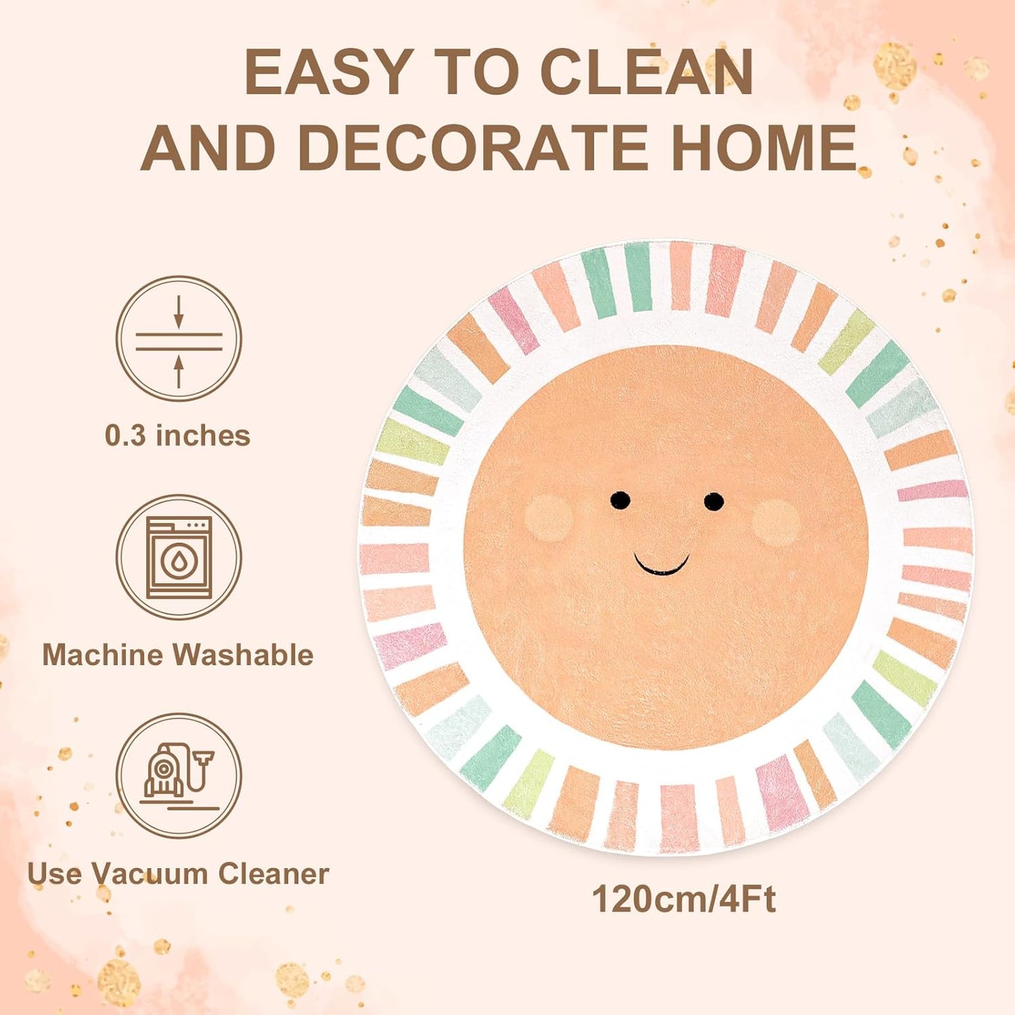 Boho Sun Round Rug 4 Ft Cute Colorful Sunshine Circle Area Rug Washable Non-Slip Throw Soft Carpet for Home Kindergarten Reading Nook Playroom Living Room Dining Room Decor