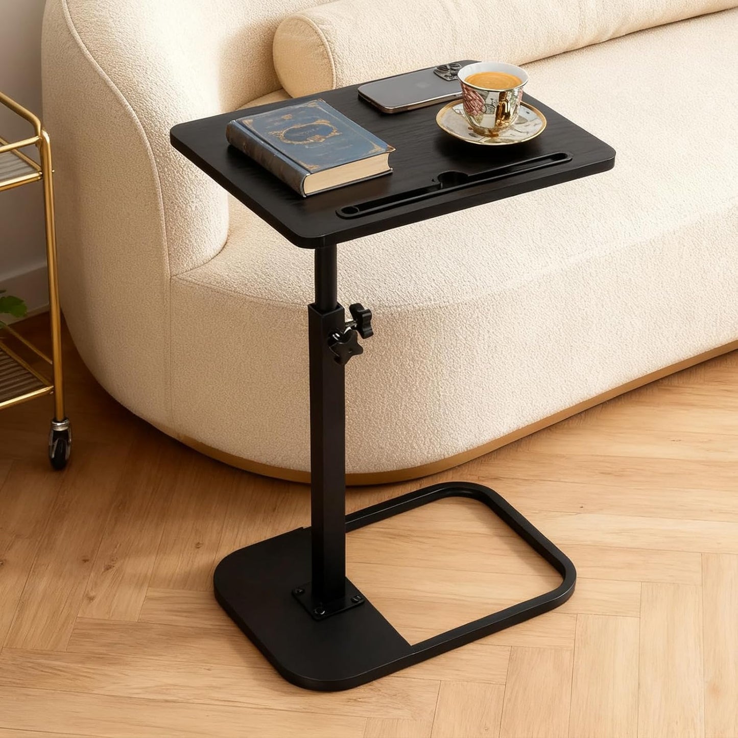 jessie Tv Tray C Table, Adjustable End Table for Couch 360° Swivel C Shaped End Table with Phone Tablet Slot for Living Room, Sofa, Bedside, Bathroom (Black)