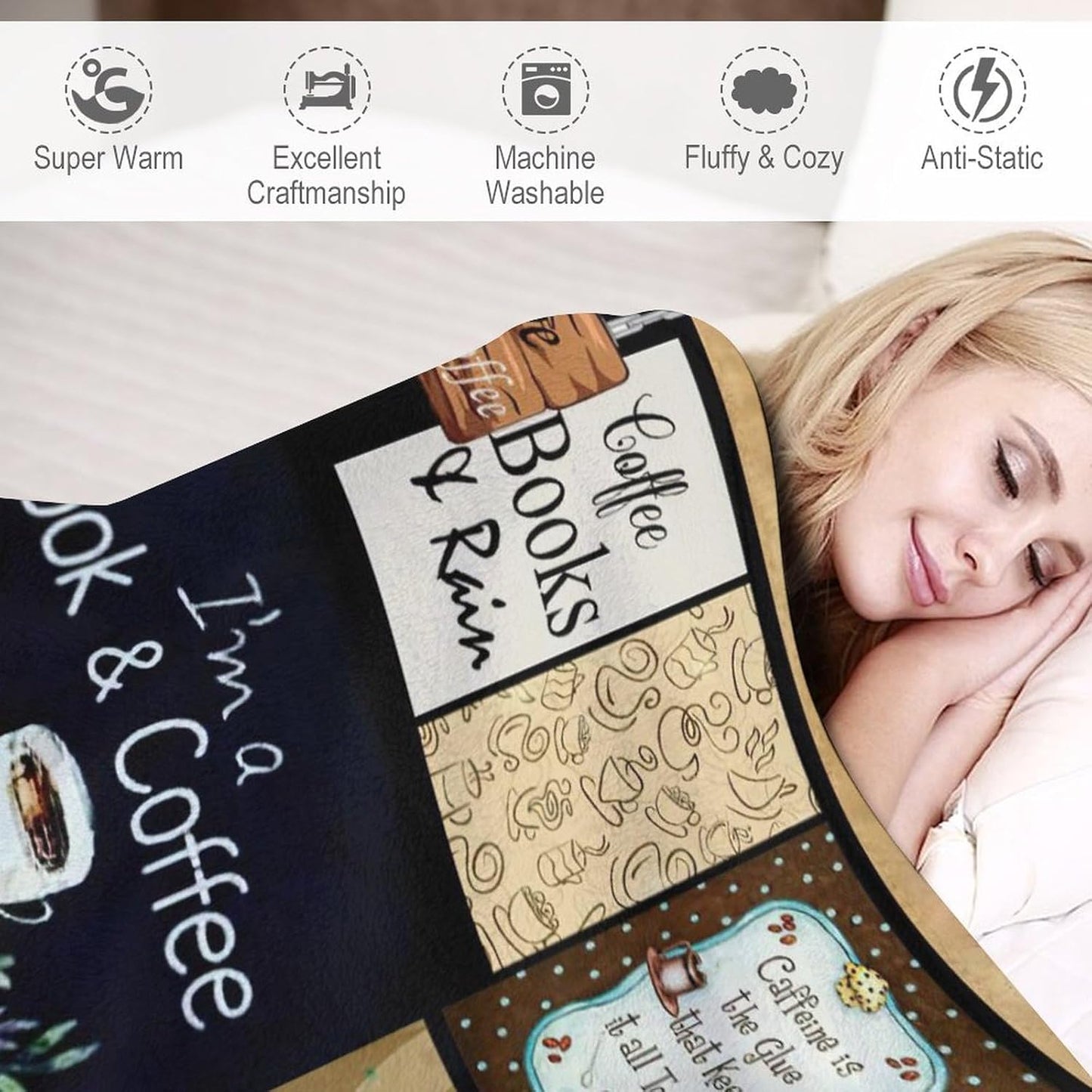 Book and Coffee Print Blanket Coffee Cup Cafe Throw Blankets for Couch Sofa Bed Stuff Decor Lightweight Soft Cozy Fleece Plush Warm Flannel Bedding Blanket Gifts for Girls Boys Kids Adults 50"x60"