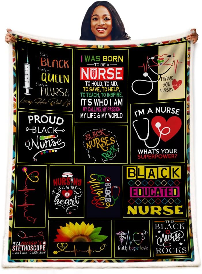 Black Nurse Gifts Blanket - Soft Fluffy Sherpa Warm Throw for Women, Retirement, RN, School - Office and Bed Use