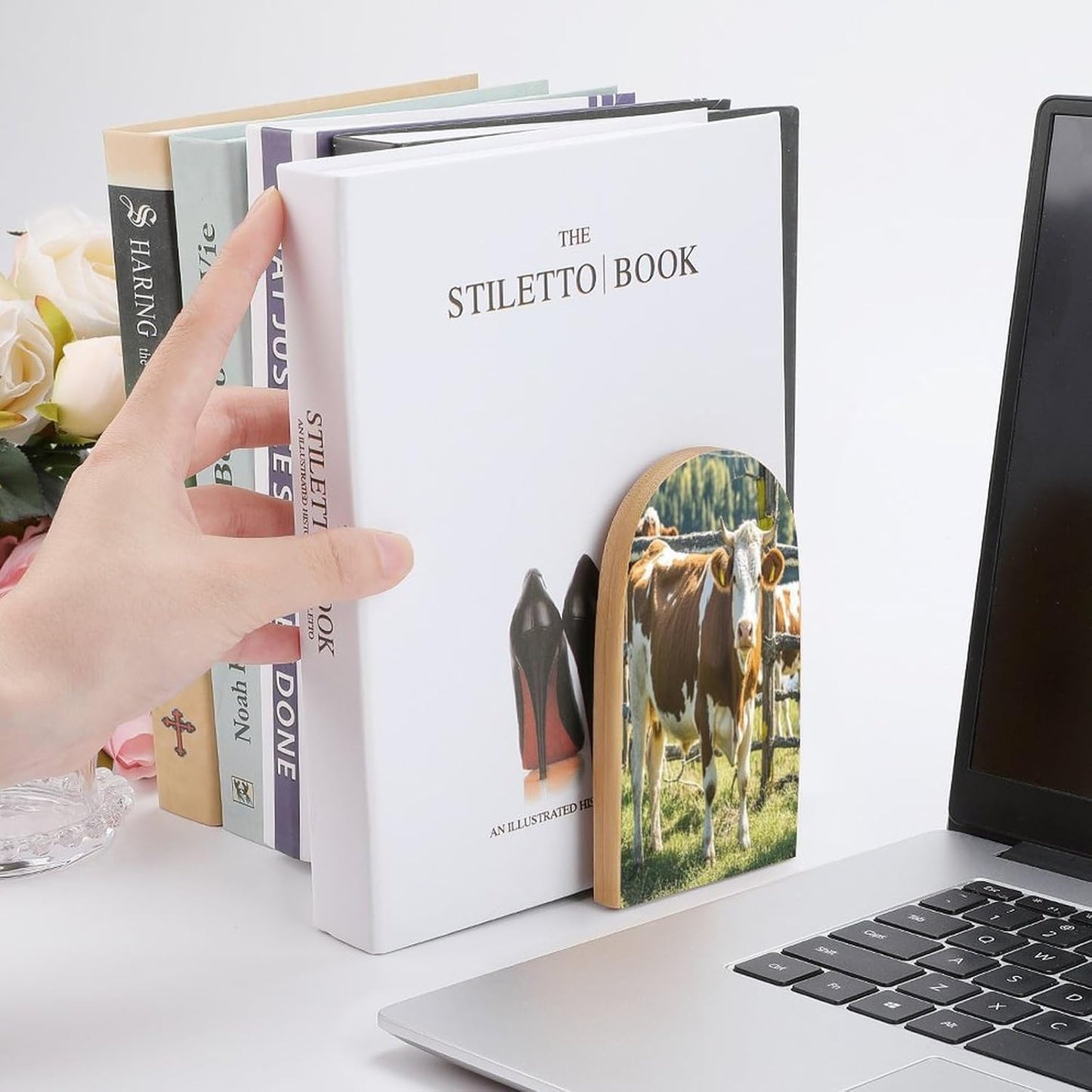 Farm Cow Pictures Bookends 1 Pair Heavy Duty Book Ends for Shelves Non-Skid Bookend Supports Wooden Book Holders with Metal Base Desk Organizers Books Storage to Hold Books