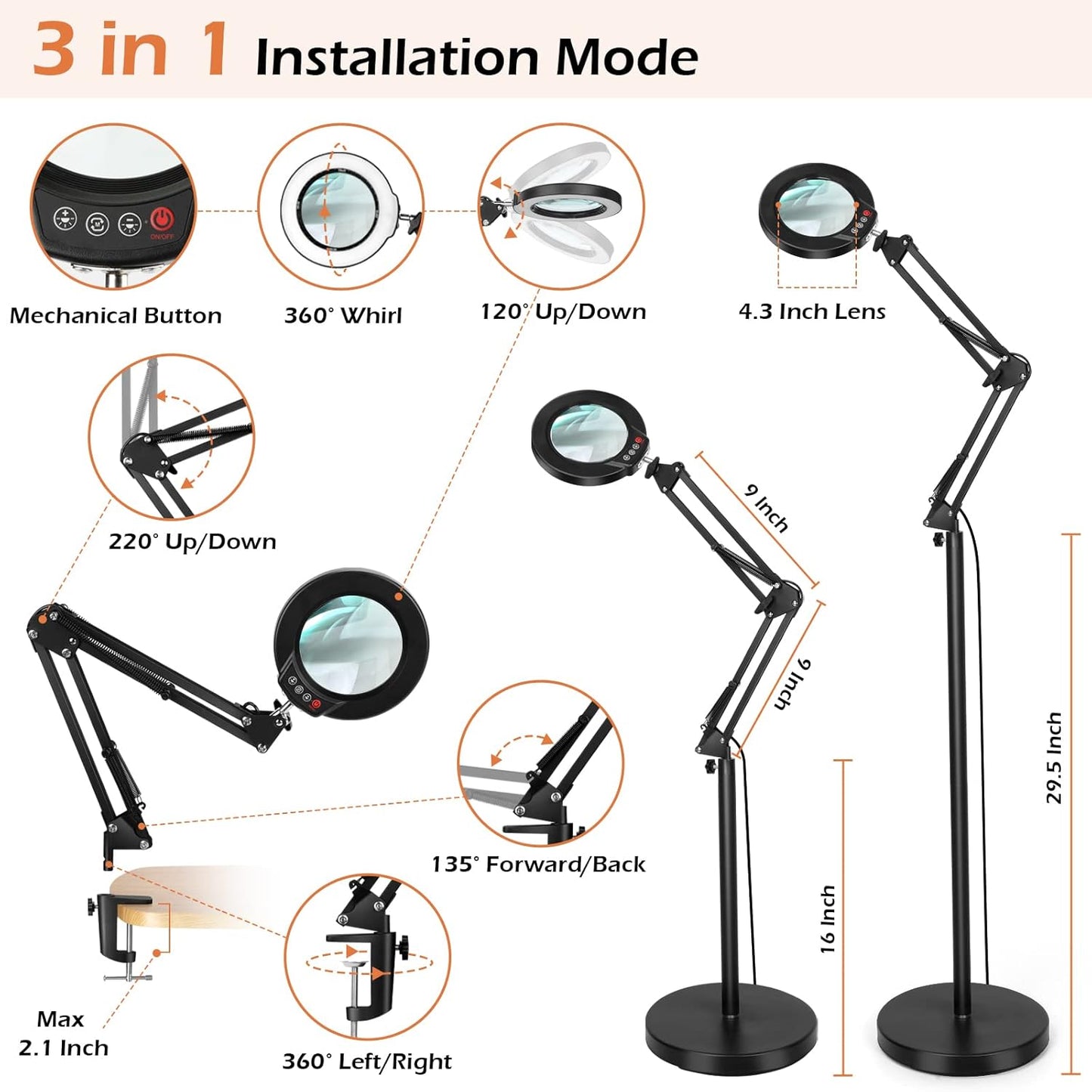 Real Glass Magnifying Glass with Light and Stand, LED 5 Color Modes, Stepless Dimmable Magnifying Floor Lamp, 3-in-1 Adjustable Swing Arm Lighted Magnifier Lamp with Clamp for Reading, Craft, Esthetic