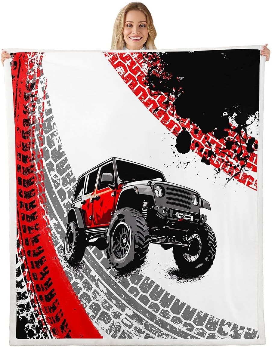 Feelyou Car Fleece Throw Blanket Throw 50"x60" Kids Offroad Vehicle Wheel Print Plush Sherpa Blanket Fuzzy for Boys Girls Teens Truck Print for Bed Couch Chair Racing Car Red Black