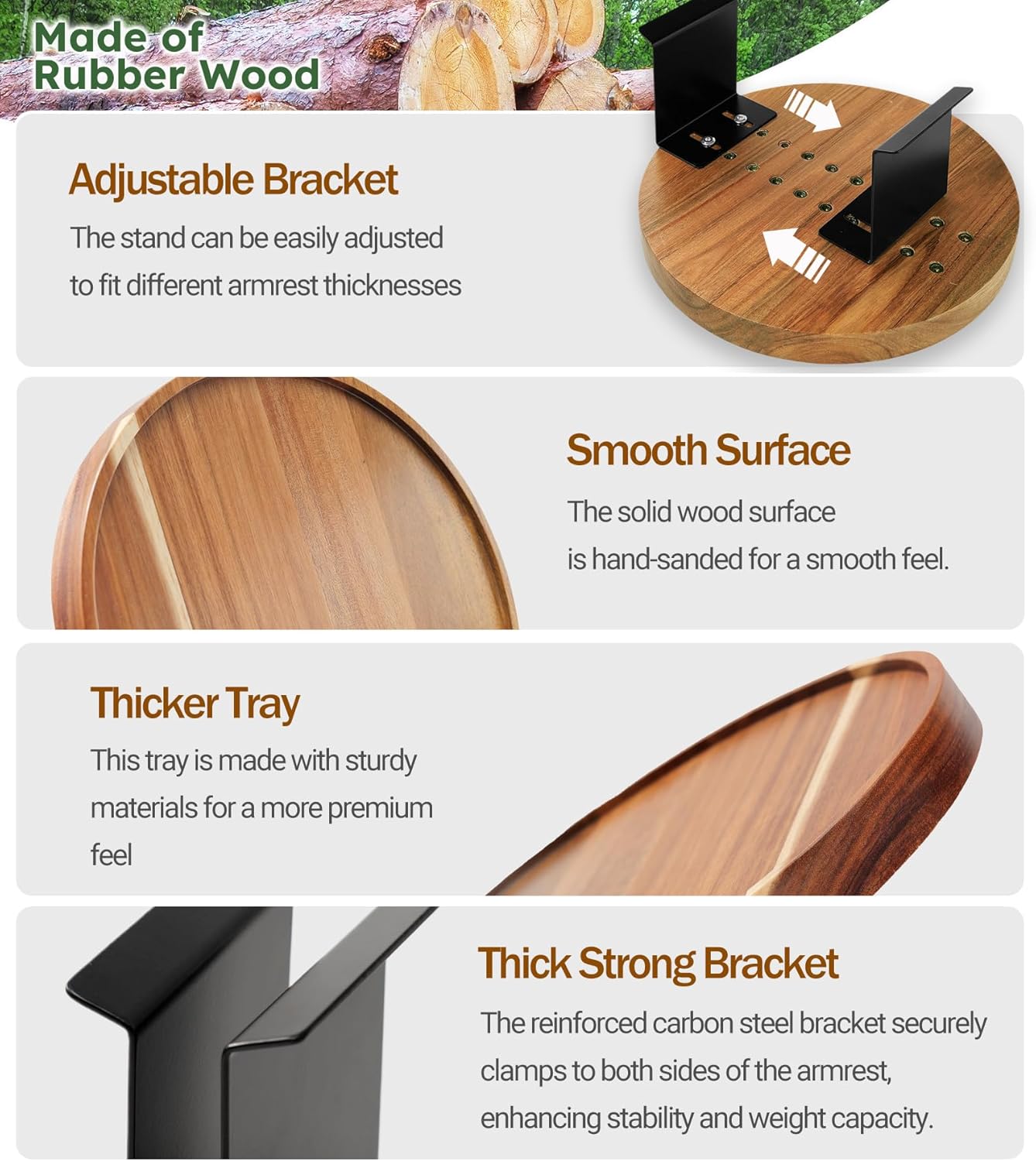 Acacia Wood Couch Arm Tray Table,11.8 Inch Adjustable Round Sofa Arm Tray,Wooden Armrest Table for Couches,Arm Chair Companion for Eating