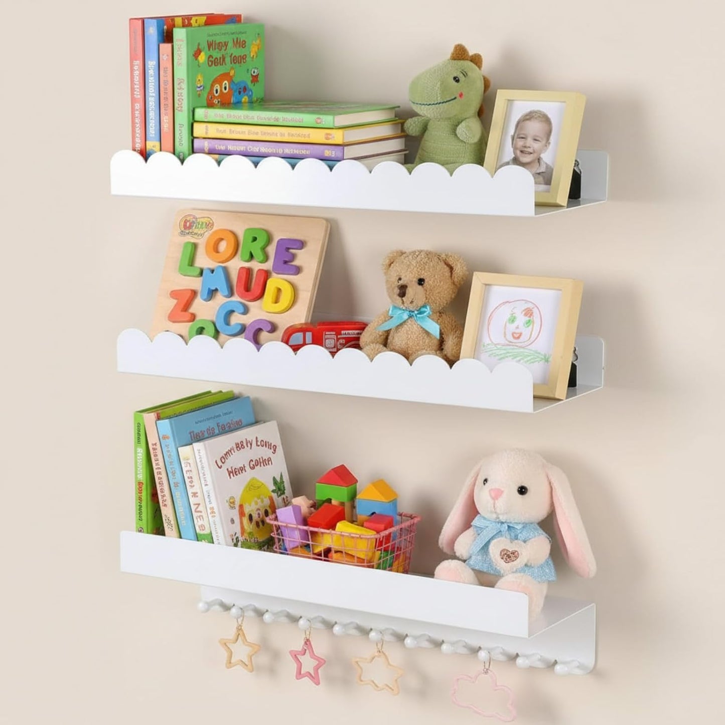 Nursery Book Shelves with Hooks Set of 3, Sturdy Metal Floating Scalloped Shelves for Nursery Wall Mounted White Book Shelf for Kids Room, Baby Bedroom, Bathroom, Playroom Decor, 16 Inch