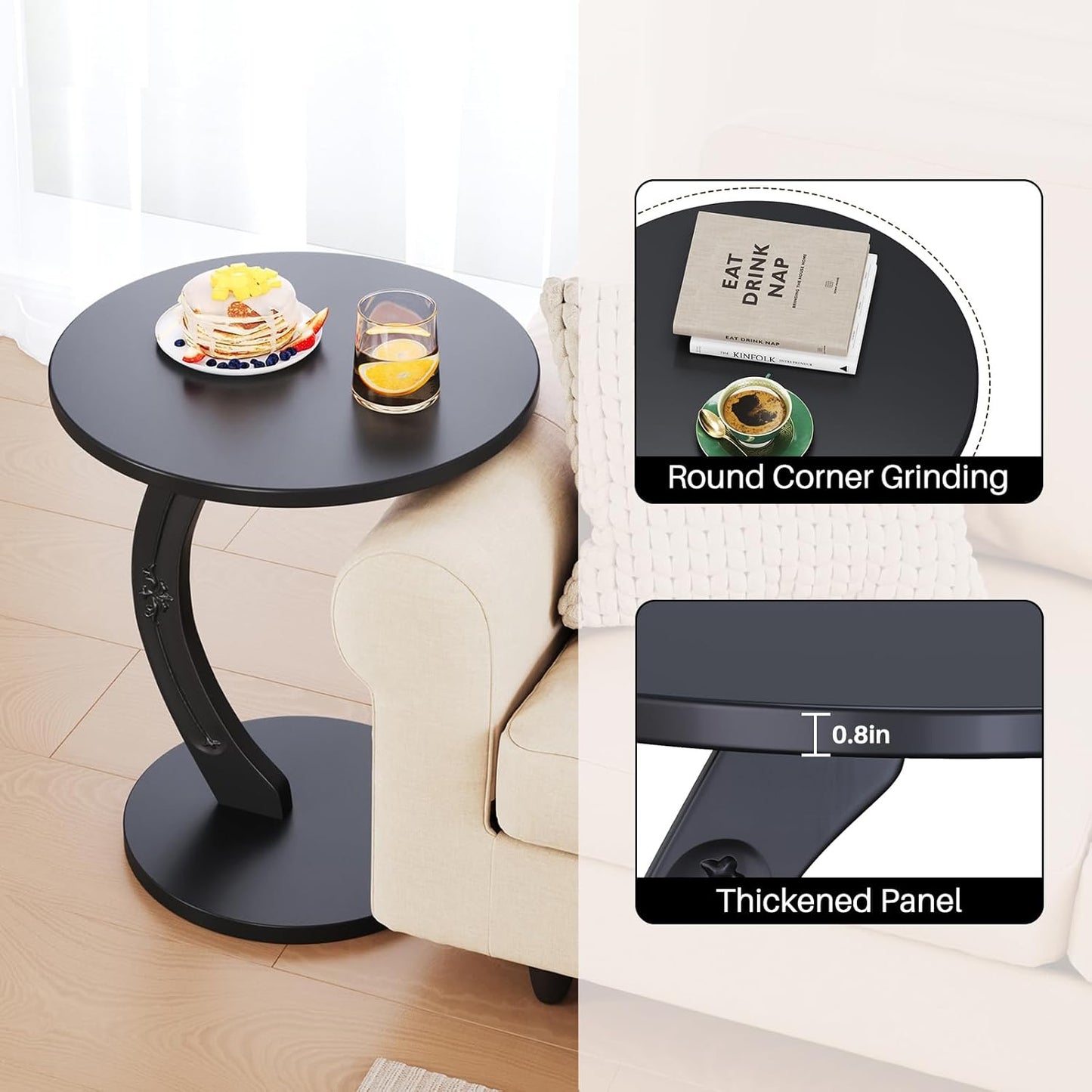 Uniclinens C-Shaped Solid Wood Round End Table - Side Table for Couch, Sofa Tables Slide Under Couch for Living Room, Small Nightstand for Small Space, Black