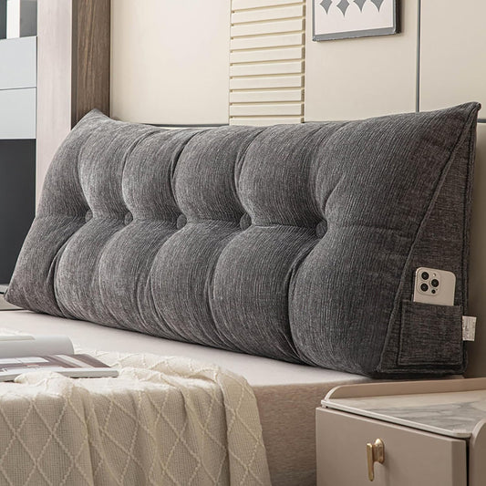 Queen Wedge Headboard Pillow Wedge Pillow Headboard Queen Wedge Pillow,with Removable Cover And Two Large Side Pockets,for Beds, Sofas, Floors.Especially for sitting or Reading In Bed(Carbon Black )