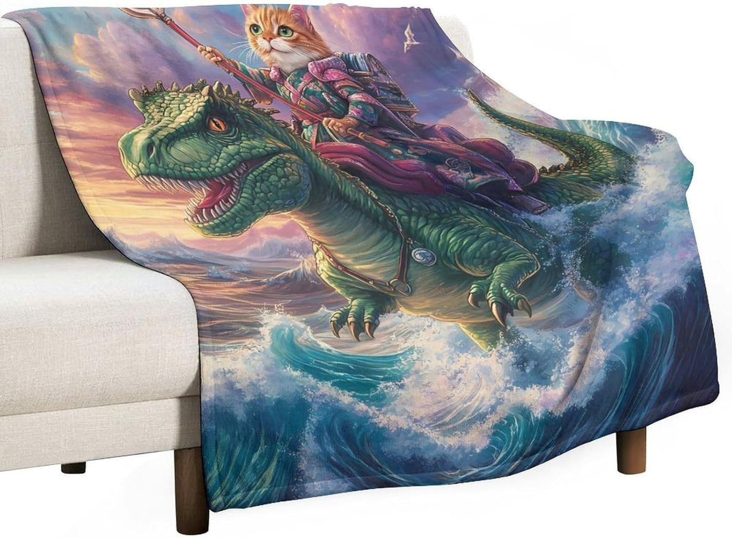 Wave Dinosaur Cat Throw Blanket for Couch Bed Plush Cozy Fuzzy Flannel Blanket for All Season 70"x80"