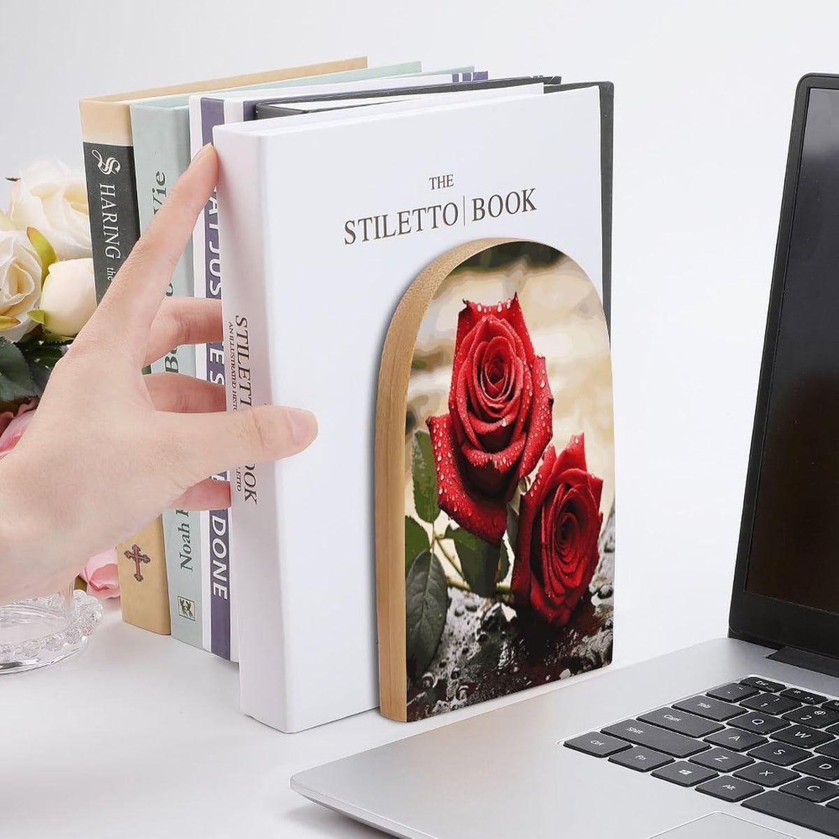 Red Rose Flowers Wooden Bookend Non-Slip Book Ends Heavy Duty Book Stopper with Metal Base Books Holderd Decorative Bookends Stands Firmly for Office Supplies