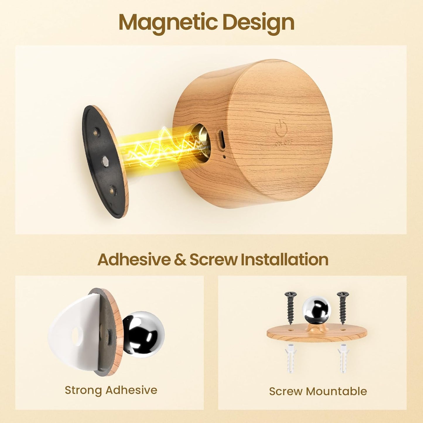 Wall Mounted Lamp LED Wall Lights with Rechargeable Battery Operated, 3 Color Temperatures & 3 Brightness Levels 360°Rotate Magnetic Ball, Cordless Sconces for Bedroom Reading Bedside,Wood-1 Pack