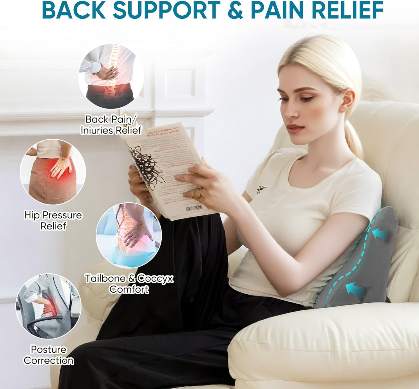 Back Support Pillow for Recliner Chair, Memory Foam Couch Back Cushions Ergonomic Large Lumbar Support Pillow for Lower Back Pain Relief, with Soft Velvet
