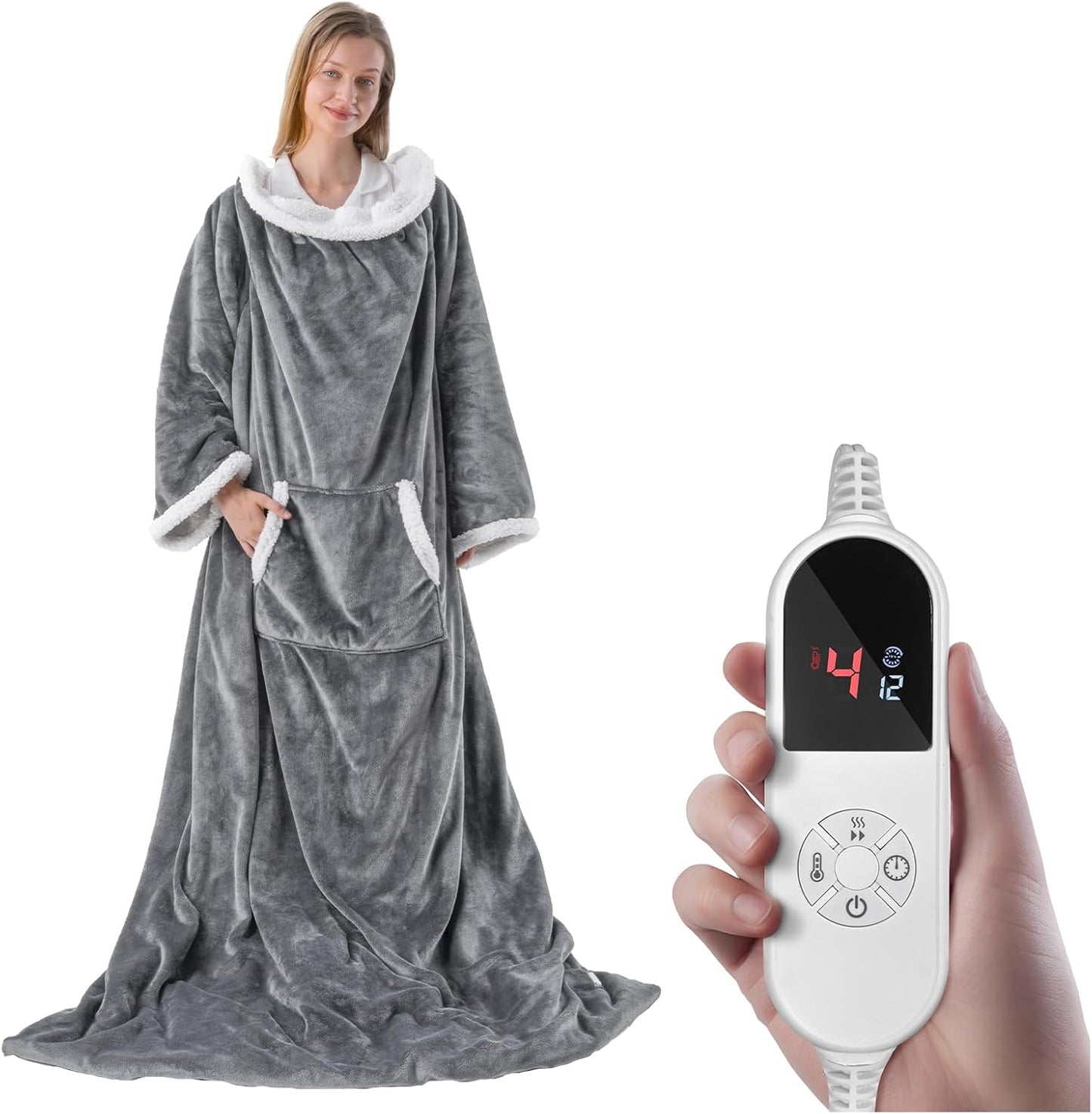 Wearable Electric Blanket Heated Throw, 52" x 72" Fast Heating Wrap Poncho Shawl with Foot Pocket & Sleeves, 6 Heat Levels & 12 Hours Auto Shut-Off, Machine Washable, ETL & FCC Certified, Grey