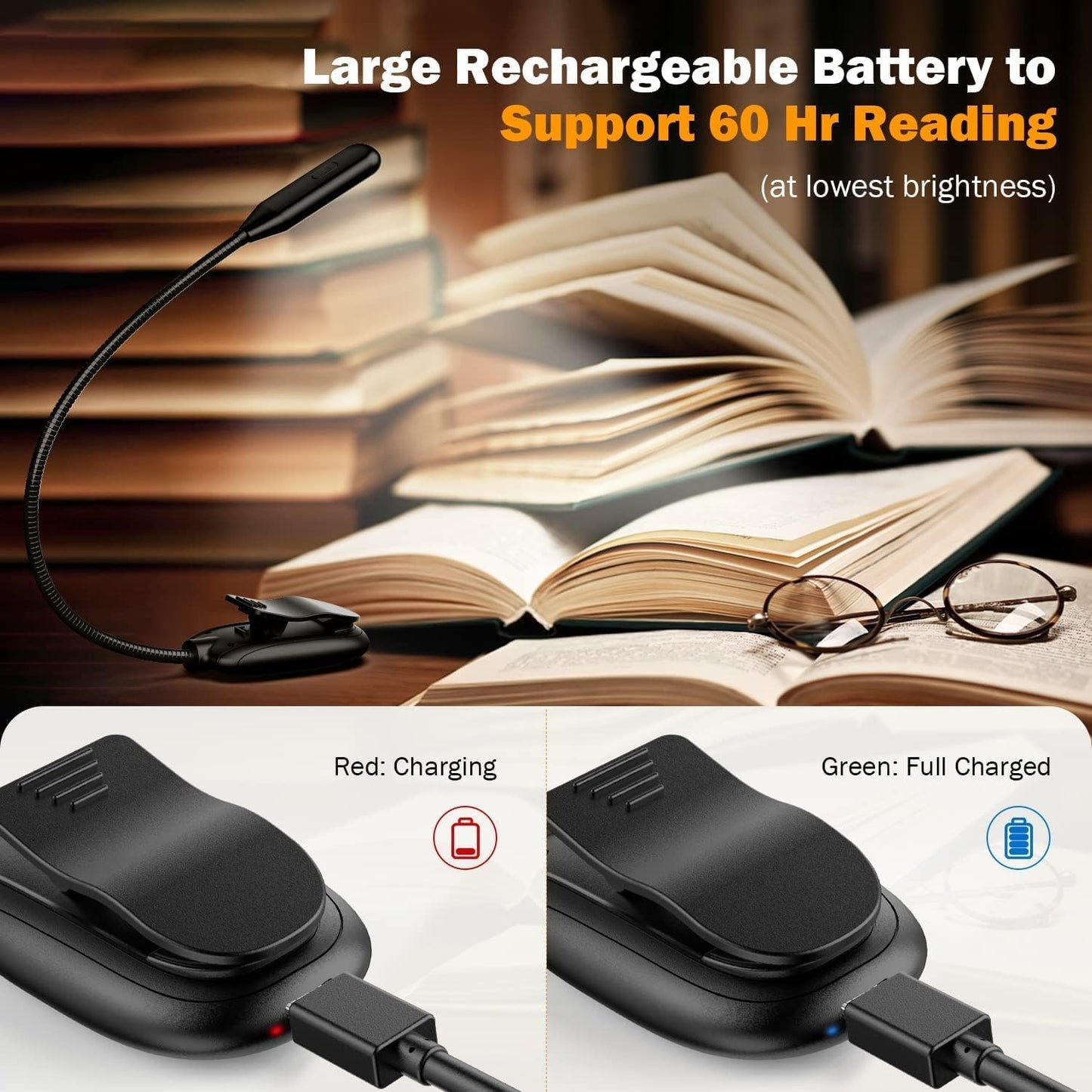 Mini Book Light, Rechargeable Up to 60 Hours, 9-Level Brightness, Easy Clip On Lamp for Night Reading in Bed, Eye Protection Table Light for Bookworms, Kids