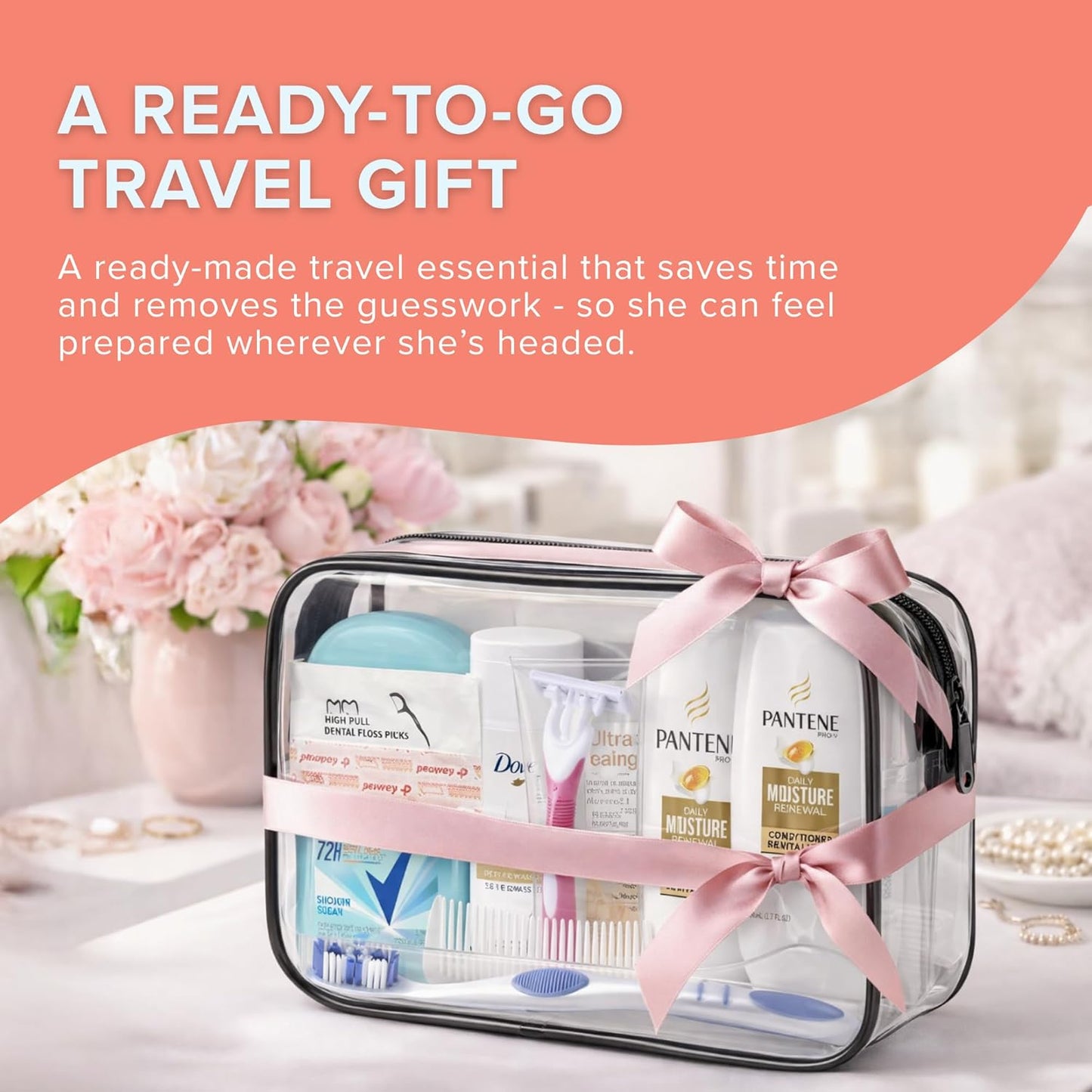 TrekTote 15 Piece Set Women’s Travel & Hygiene Kit with Clear Toiletry Bag, Personal Care Essentials, Single Kit or Bulk Case Packs