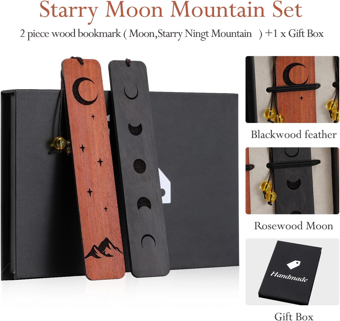 Homemade Moon Design Wooden Bookmarks - 2 Pieces, Perfect for Graduation, Teacher, Retirement, Mother's Day & Christmas Gifts