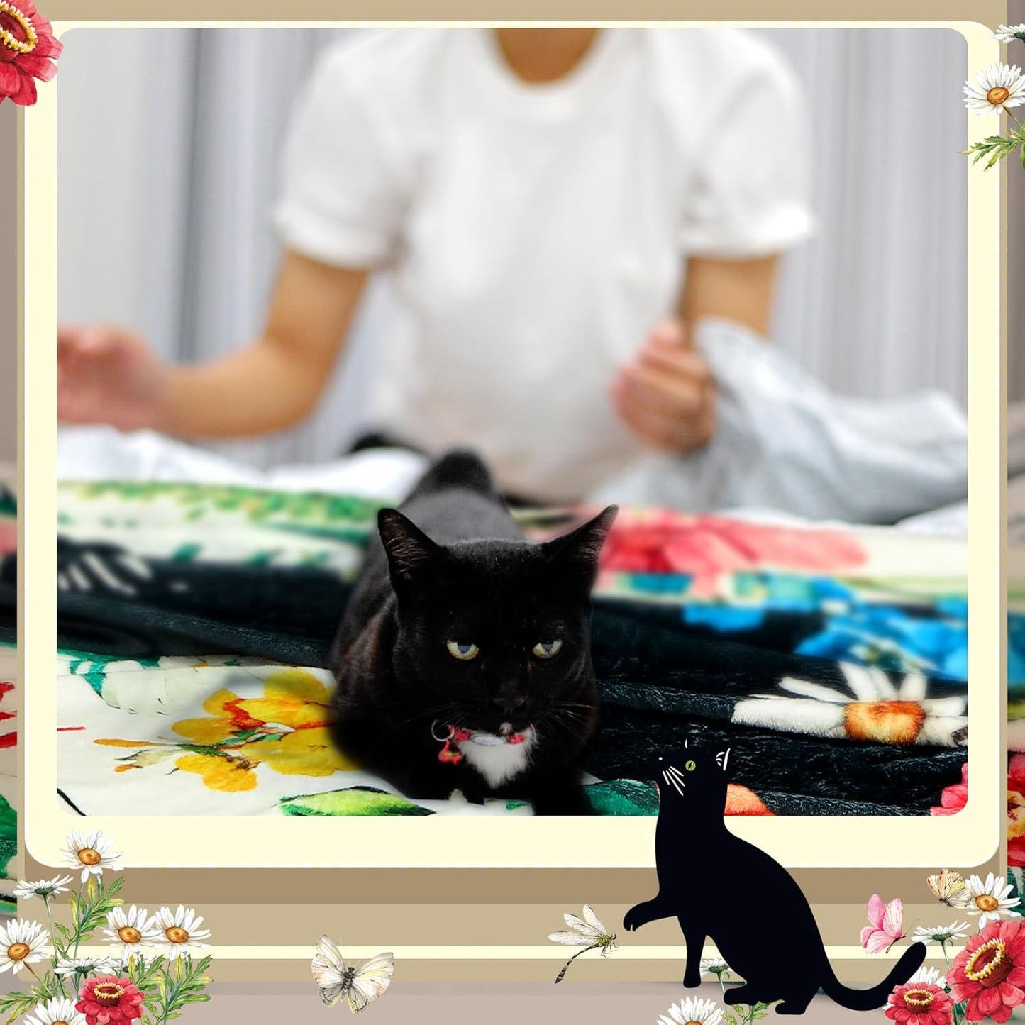 Shellwei Cute Black Cat Blanket for Bed Couch Sofa 60 x 50 Inch Floral Fluffy Gift Flannel Throw Watercolor Butterfly Flowers Garden Cat Throw Soft Blanket Home Decoration for All Seasons