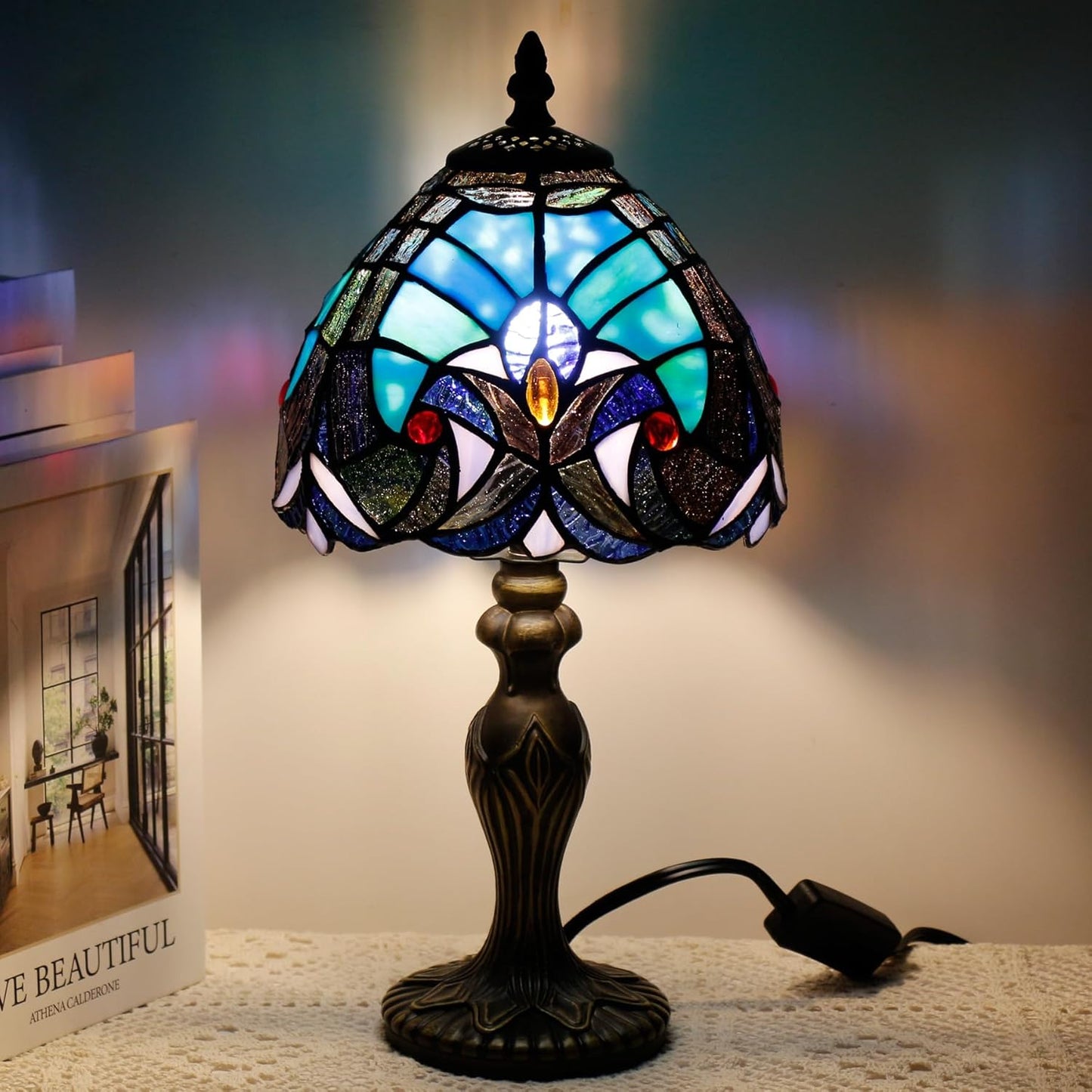 Small Tiffany Lamp Stained Glass Table Lamp Mini Desk Accent Light for Bedroom Bedside Reading Home Antique Style Decor 8X15 Inches (Green)