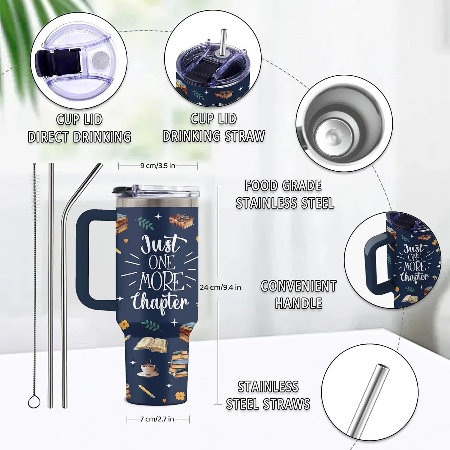 Book Themed Stainless Steel Tumbler Gifts for Booklover, 30oz Water Bottle with Handle and Straw, Christmas Birthday Gifts for Family, Wife, Friends