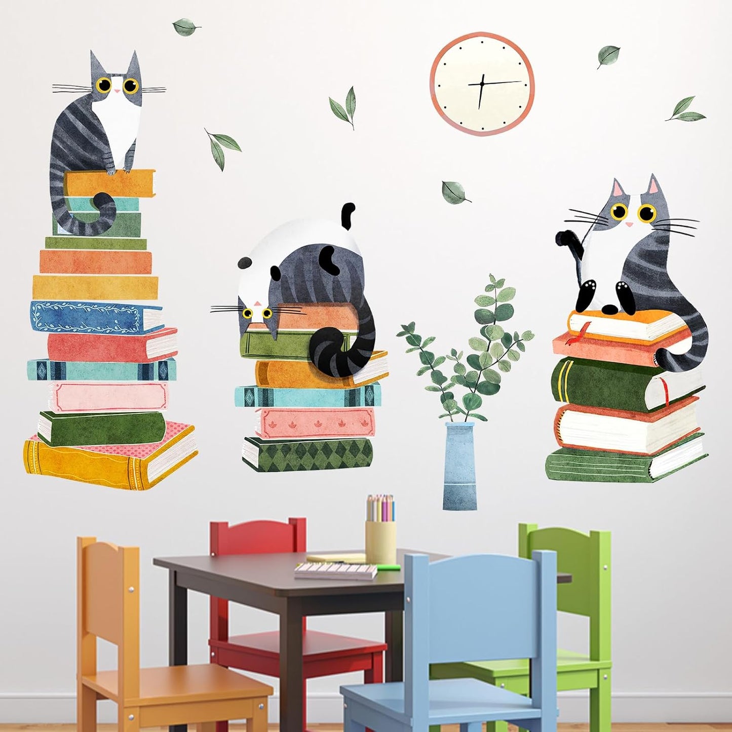 Mfault Cats Reading Books Wall Decals Stickers, Kitty Kitten Neutral Nursery Decorations Study Classroom Bedroom Art, Plant Leaves Reading Corner Toddler Kids Room Home Decor Gifts