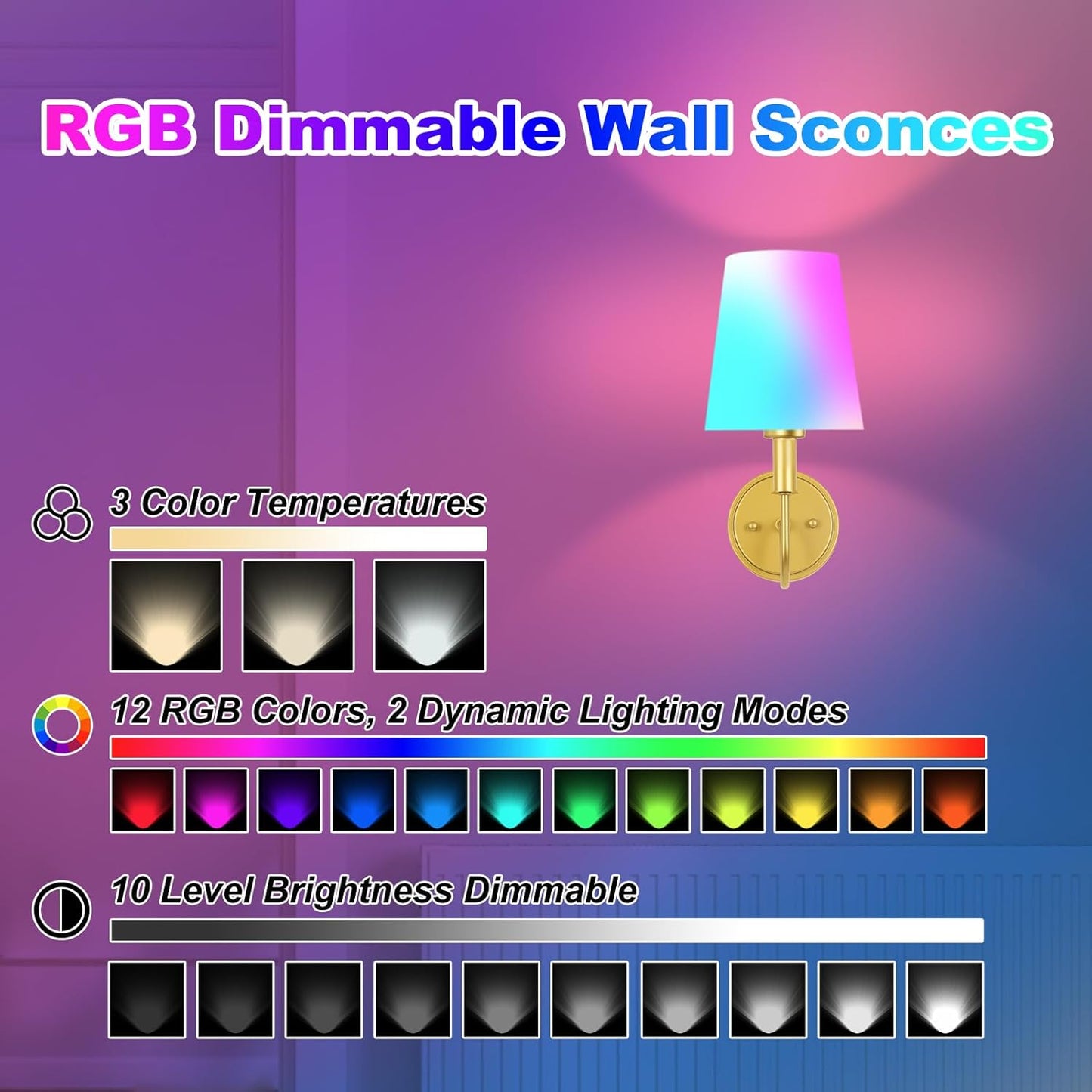 Wireless Rechargeable Wall Sconce, Battery Operated Wall Lights with Remote, Wall Lamps with Dimmable RGB LED Bulbs, No Wiring Gold Sconces Wall Decor Set of 2 for Bedroom Living Room Hallway