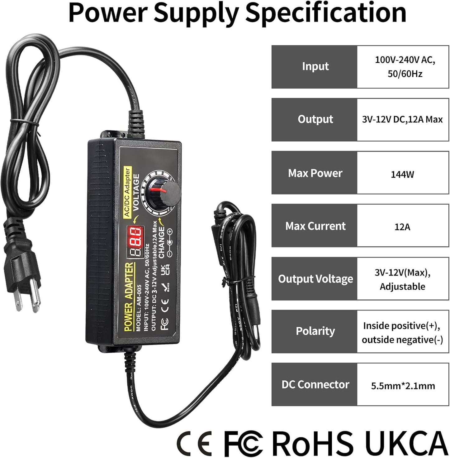 Universal Power Supply Adjustable 3V~12V 12A 144W Variable Switching Power Adapter 100V-240V AC to DC Converter Transformer with 14 Plugs&Polarity Converter,LED Voltage Display3V4V5V6V7V8V9V10V11V12V