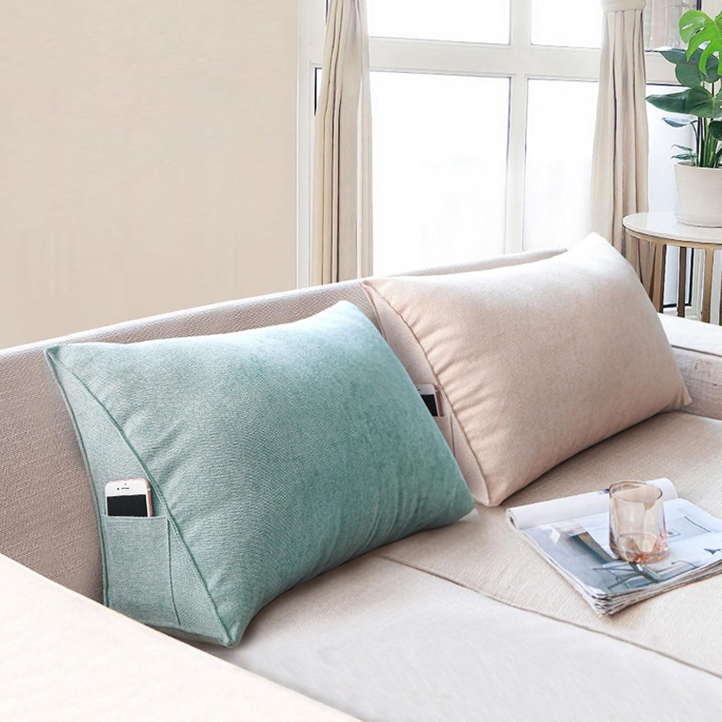Triangular Couch Back Cushion Pillow, Large Wedge Headboard Reading Pillow with Removable Cover, Lumbar Back Support Pillow for Sofa, Bed, Office Chair(27.5x7.9x13.8 inch, Dark Blue)