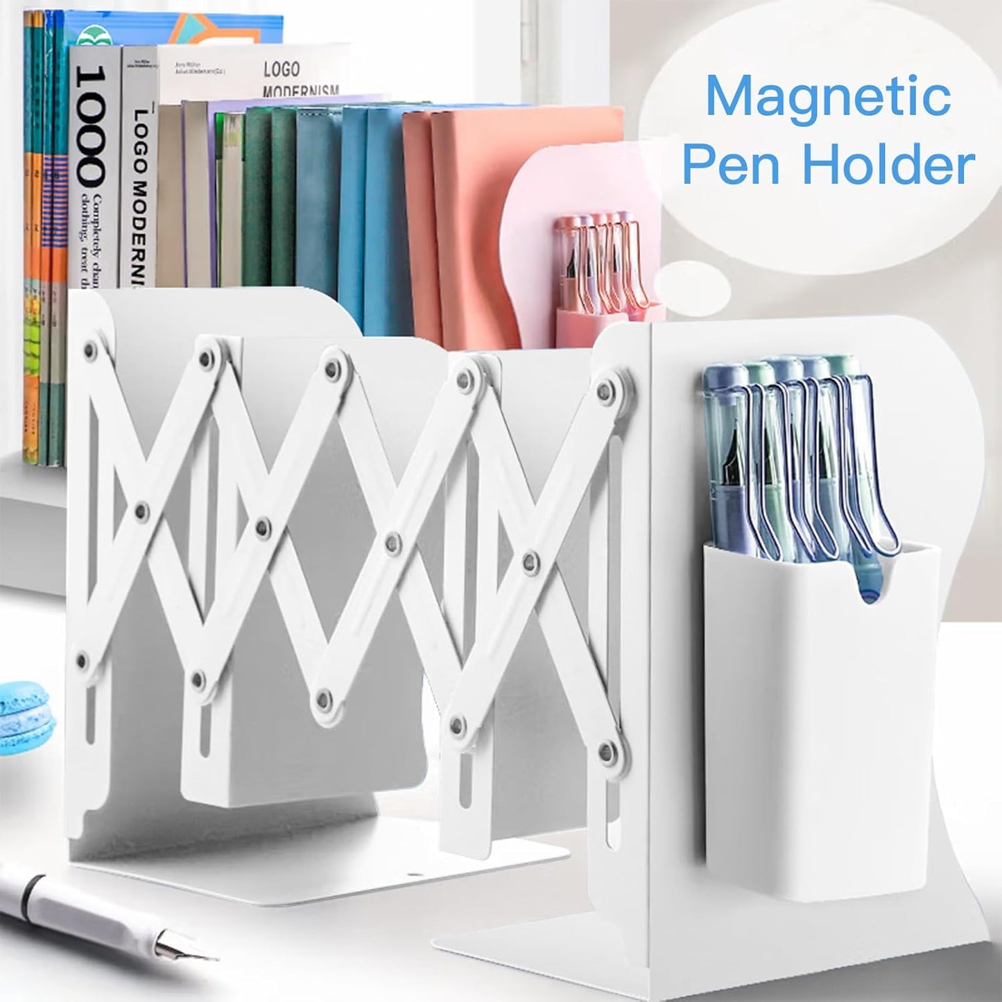 Adjustable Metal Bookends with Detachable Magnetic Pen Holder - Durable Expandable Book Stand for Desk, Office, and Home Decorative Bookends