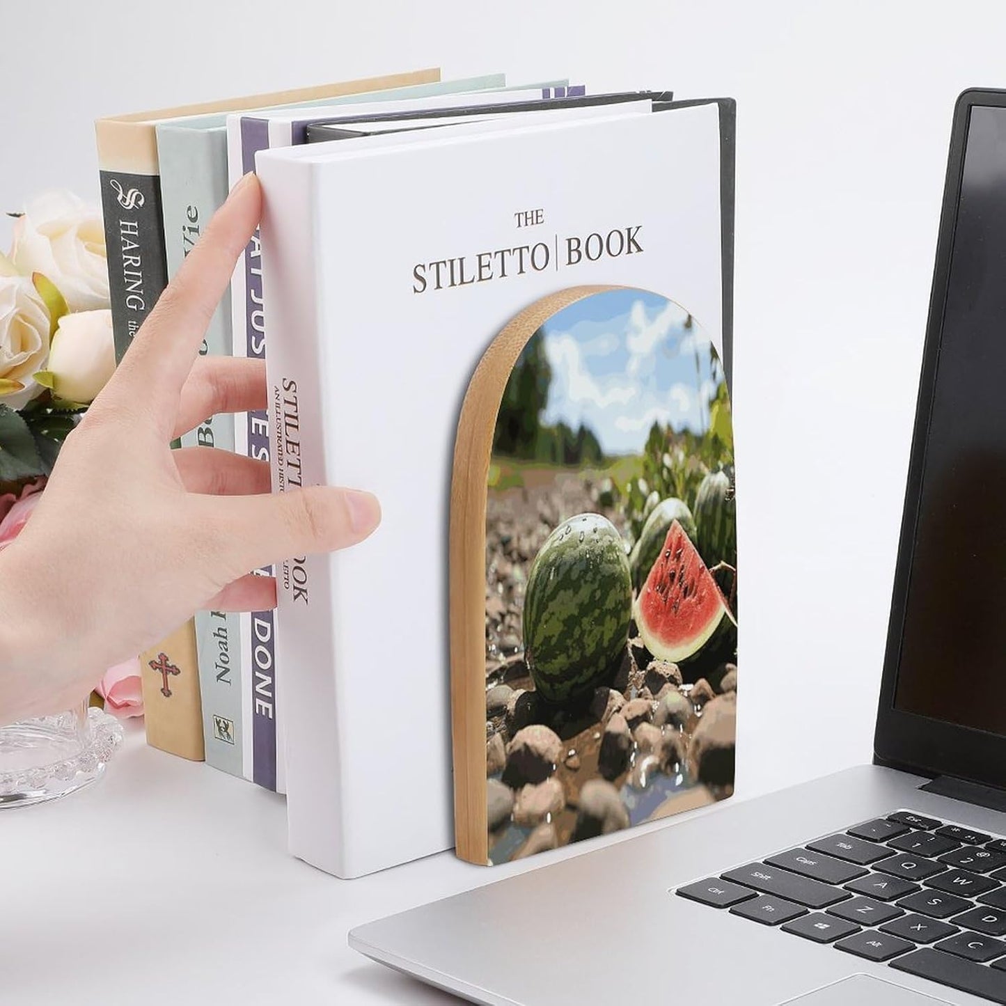 Watermelon on The Ground Wooden Bookend Non-Slip Book Ends Heavy Duty Book Stopper with Metal Base Books Holderd Decorative Bookends Stands Firmly for Office Supplies