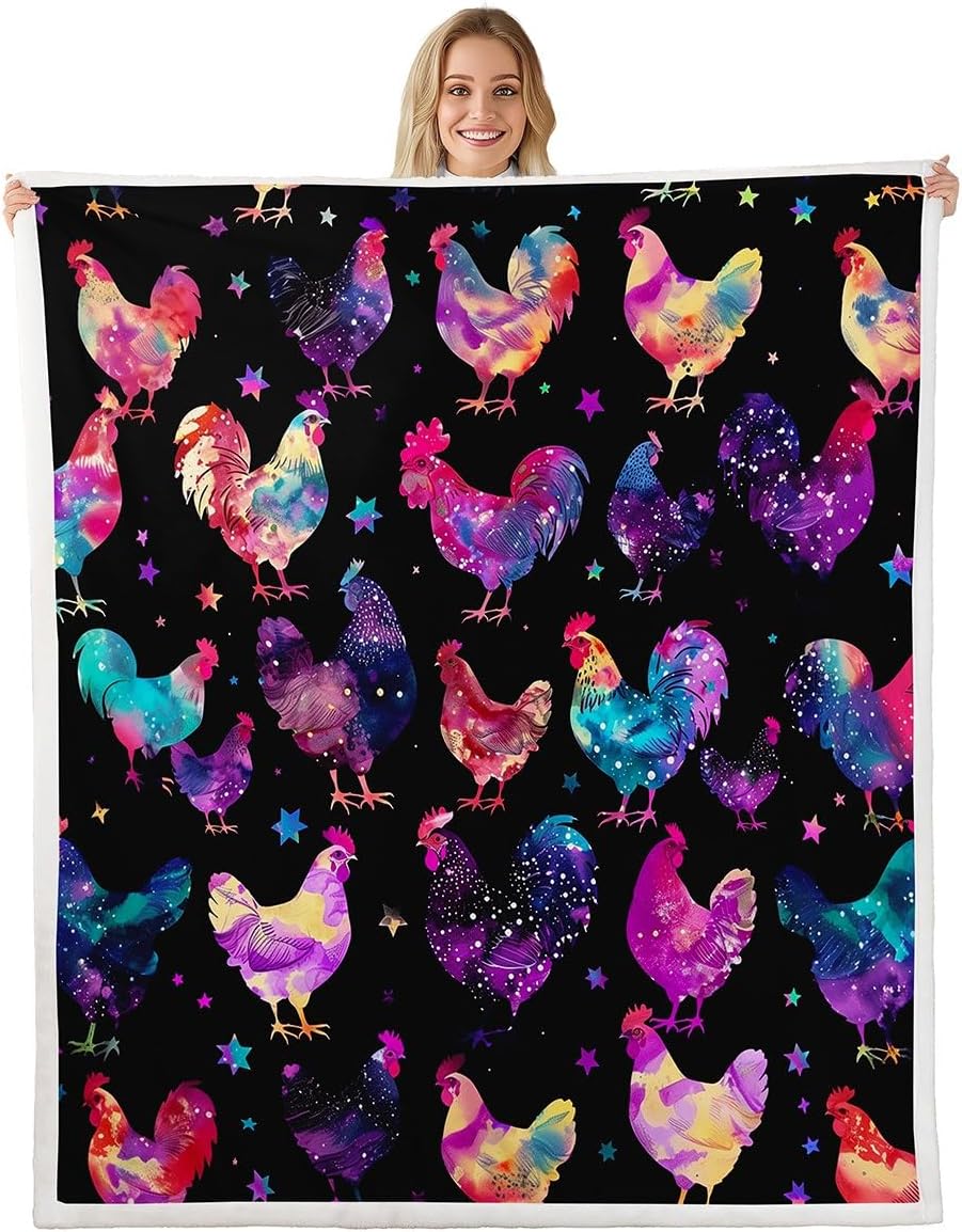 Erosebridal Rainbow Chicken Blanket Throw 50x60,Rustic Farm Animal Throw Blanket for Kids Boys Girls,Neon Ombre Rooster Fuzzy Fleece Blankets