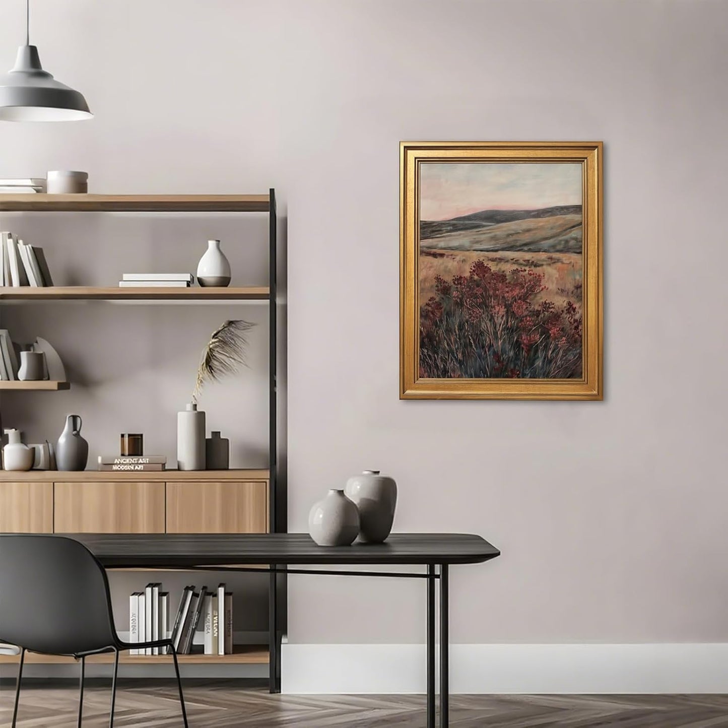 Gold Framed Landscape Canvas Wall Art Vintage Moody Dark Maroon Wildflower Oil Painting Poster Nature Botanical Flower Wilderness Picture Rustic Country Farmhouse Home Bedroom Decor 12x16inch