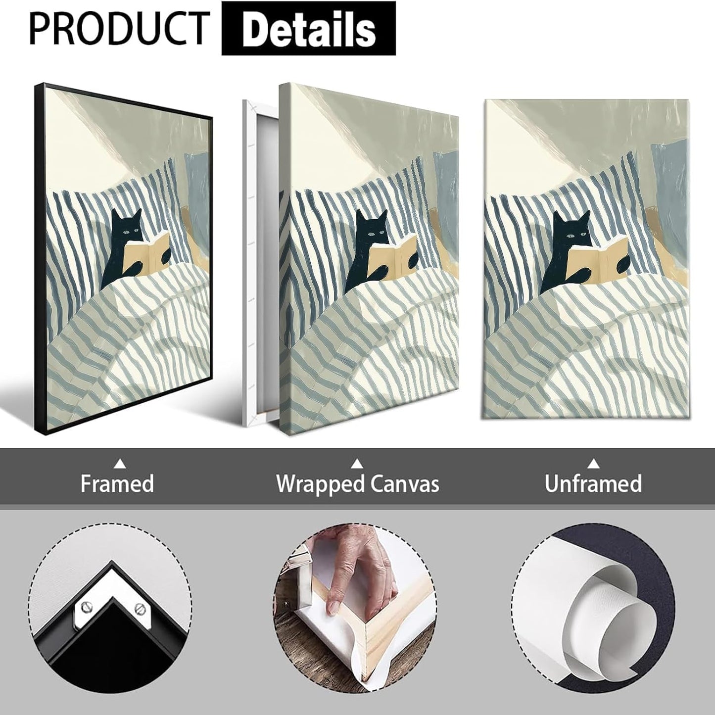 Vintage Black Cat Reading Cat Canvas Wall Art Funny Blue And White Striped Cat In Bed Posters Whimsical Animal Aesthetic Prints Painting For Home Bedroom Dorm Wall Decor 12x16in Unframed
