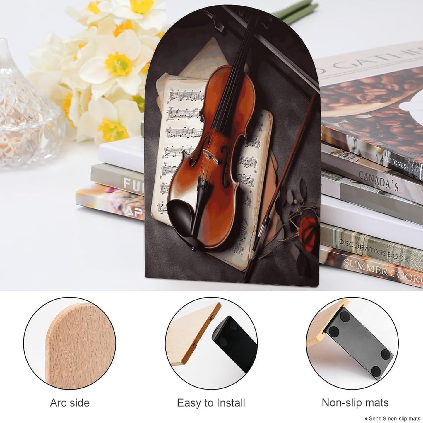 Violin Sheet Music Bookend for Shelves Wooden Book End Large Size Sturdy Book Holders Stoppers with Metal Base for Bookshelves Slick Decorative Bookends Stands
