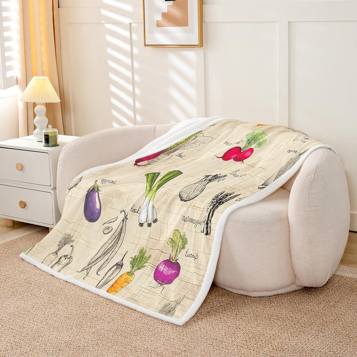 Feelyou Vegetables Fleece Throw Blanket Radish Eggplant Print Sherpa Blanket for Sofa Couch Food Theme Plush Fresh Vegetable Pattern Warm Fuzzy Room Decor 50"x60"
