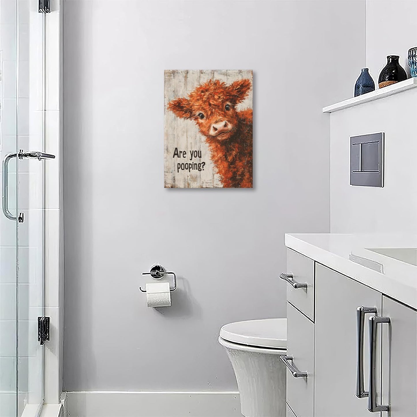 Funny Highland Cow Canvas Wall Art Are You Pooping Sign Poster Highland Cow Pictures Painting Modern Prints Framed Artwork for Toilet Bathroom Washroom Wall Decor 12"x16"